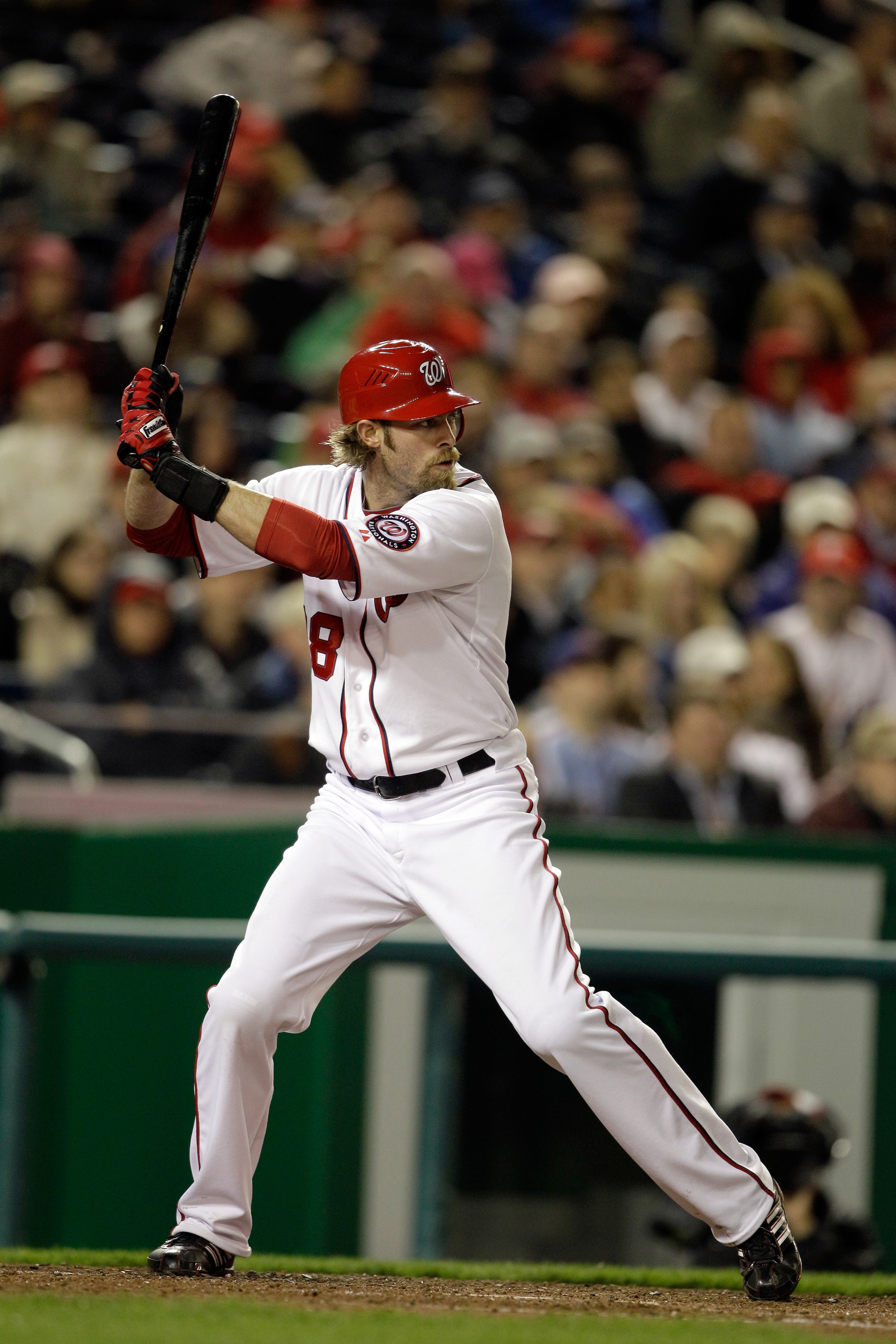 WASHINGTON, DC - APRIL 12: Jayson Werth #28 of the Washington Nationals at the plate against the Philadelphia Phillies at Nationals Park on April 12, 2011 in Washington, DC. (Photo by Rob Carr/Getty Images)