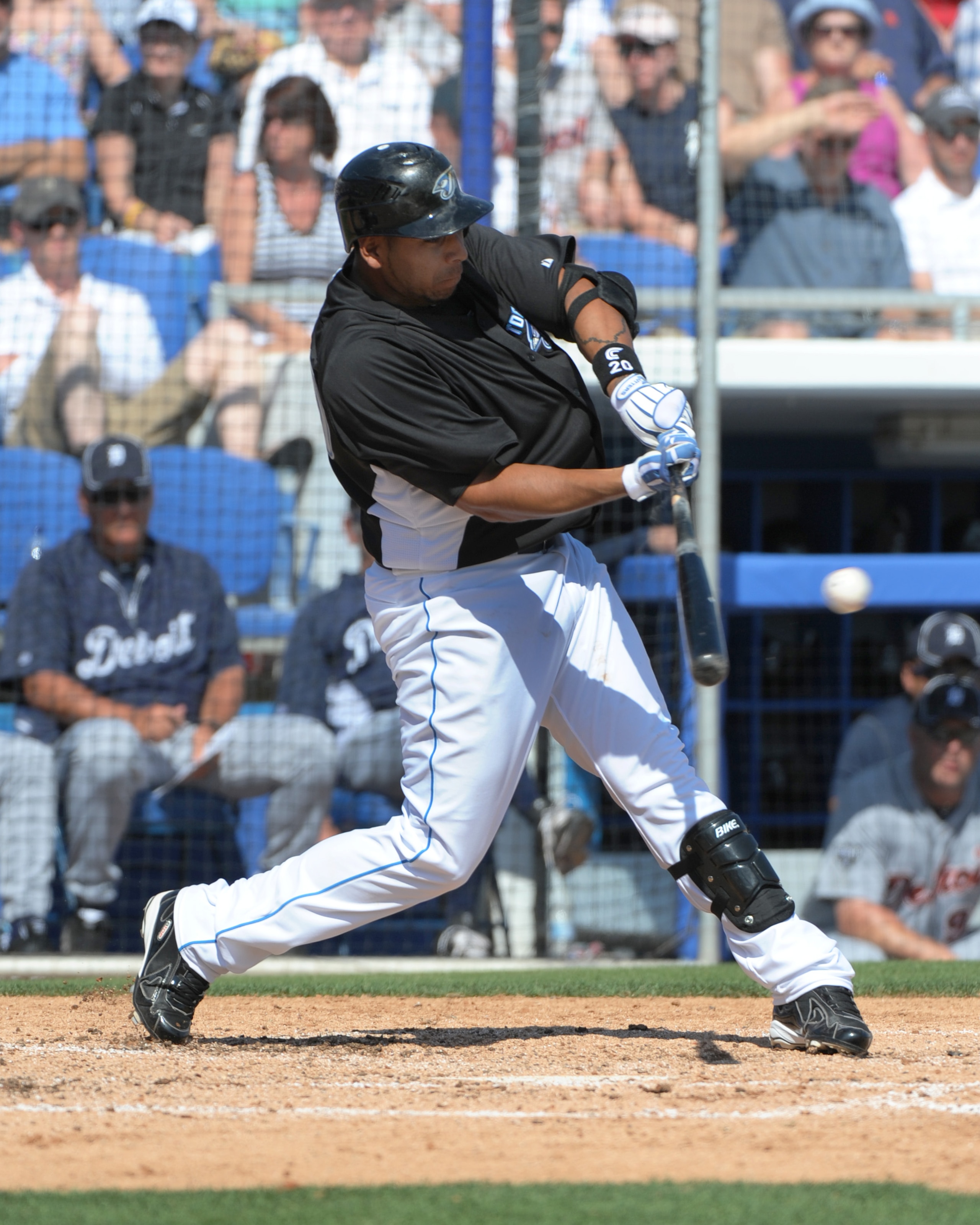 DUNEDIN, FL - FEBRUARY 26: Outfielder Juan Rivera #20 of the Toronto Blue Jays bats against the Detroit Tigers February 26, 2011 at Florida Auto Exchange Stadium in Dunedin, Florida.  (Photo by Al Messerschmidt/Getty Images)