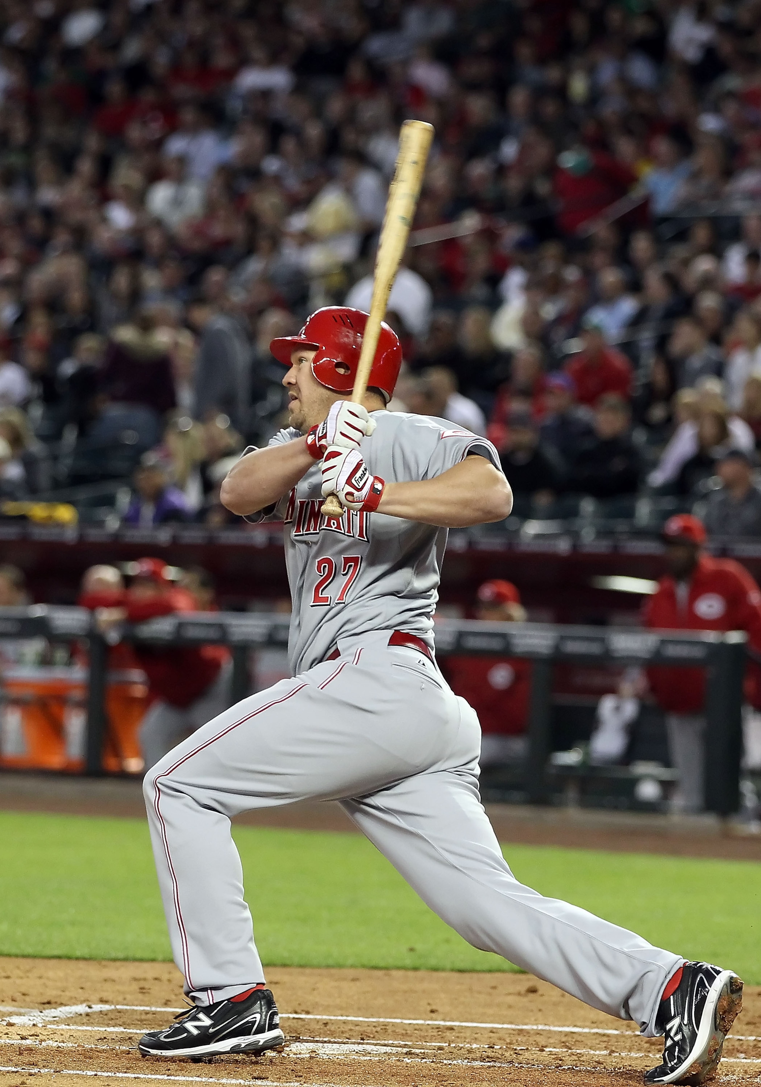 PHOENIX, AZ - APRIL 08:  Scott Rolen #27 of the Cincinnati Reds bats against the Arizona Diamondbacks during the Major League Baseball home opening game at Chase Field on April 8, 2011 in Phoenix, Arizona. The Diamondbacks defeated the Reds 13-2.  (Photo