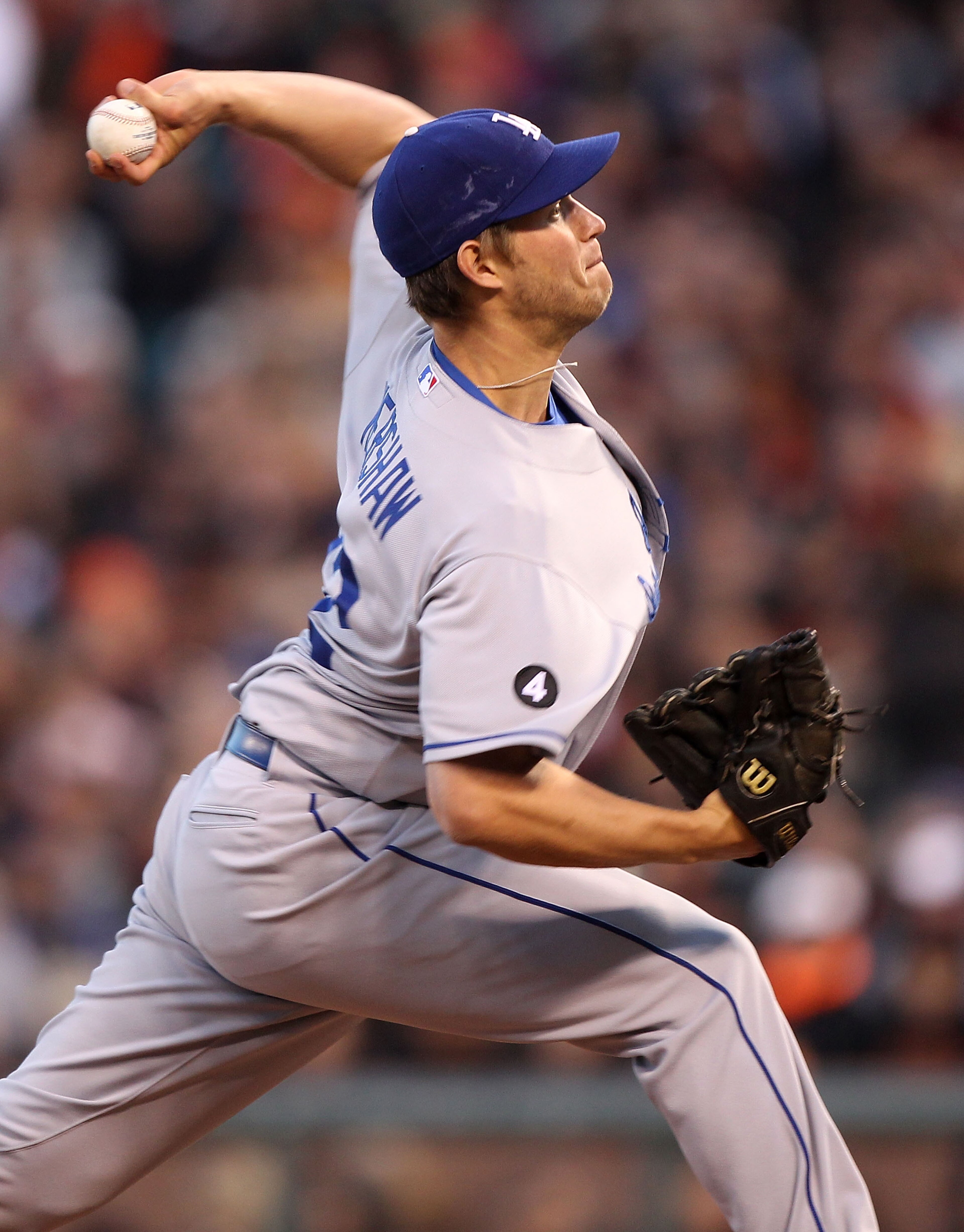 SAN FRANCISCO, CA - APRIL 11: Clayton Kershaw #22 of the Los Angeles Dodgers pitches against the San Francisco Giants during an MLB game at AT&T Park on April 11, 2011 in San Francisco, California. (Photo by Jed Jacobsohn/Getty Images) SAN FRANCISCO, CA - APRIL 11: Clayton Kershaw #22 of the Los Angeles Dodgers pitches against the San Francisco Giants during an MLB game at AT&T Park on April 11, 2011 in San Francisco, California. (Photo by Jed Jacobsohn/Getty Images)