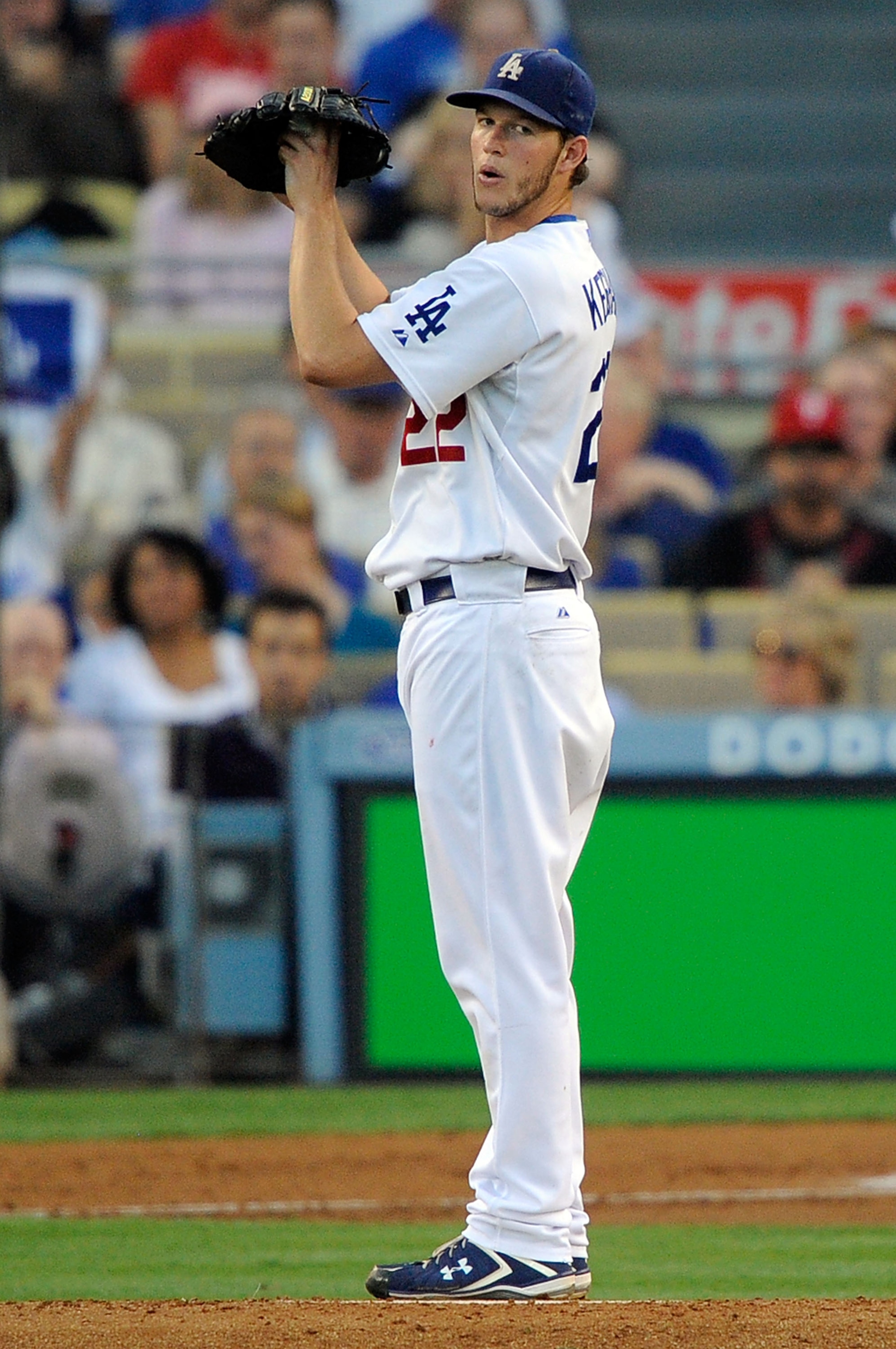 LOS ANGELES, CA - OCTOBER 15:  Starting pitcher Clayton Kershaw #22 of the Los Angeles Dodgers looks back on the mound in Game One of the NLCS against the Philadelphia Phillies during the 2009 MLB Playoffs at Dodger Stadium on October 15, 2009 in Los Ange