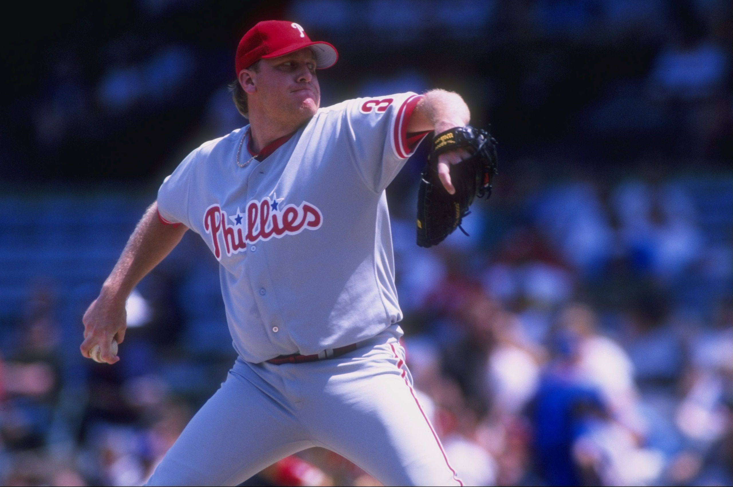 28 May 1998:  Curt Schilling #38 of the Philadelphia Phillies in action during a game against the Chicago Cubs at Wrigley Field in Chicago, Illinois. The Phillies defeated the Cubs 8-7. Mandatory Credit: Matthew Stockman  /Allsport