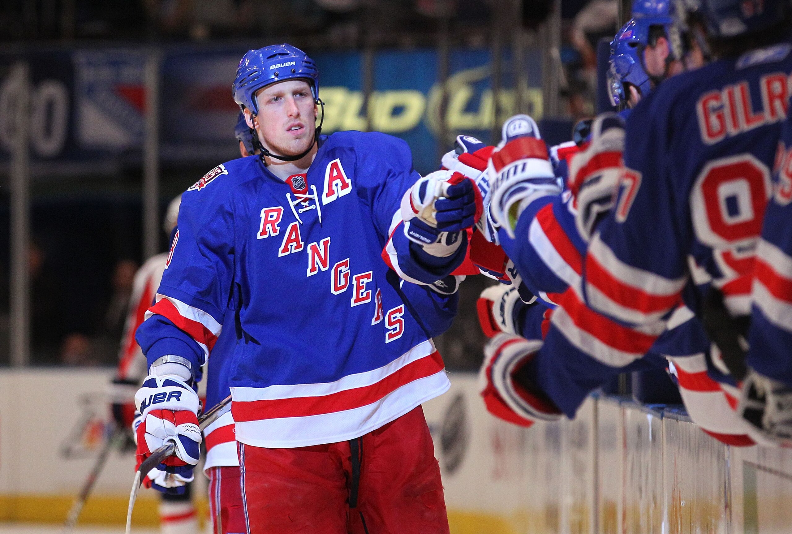 NEW YORK, NY - APRIL 17: Marc Staal #18 of the New York Rangers celebrates with teammates on the bench after Vaclav Prospal #20 scored a goal in the third period in Game Three of the Eastern Conference Quarterfinals during the 2011 NHL Stanley Cup Playof NEW YORK, NY - APRIL 17: Marc Staal #18 of the New York Rangers celebrates with teammates on the bench after Vaclav Prospal #20 scored a goal in the third period in Game Three of the Eastern Conference Quarterfinals during the 2011 NHL Stanley Cup Playof