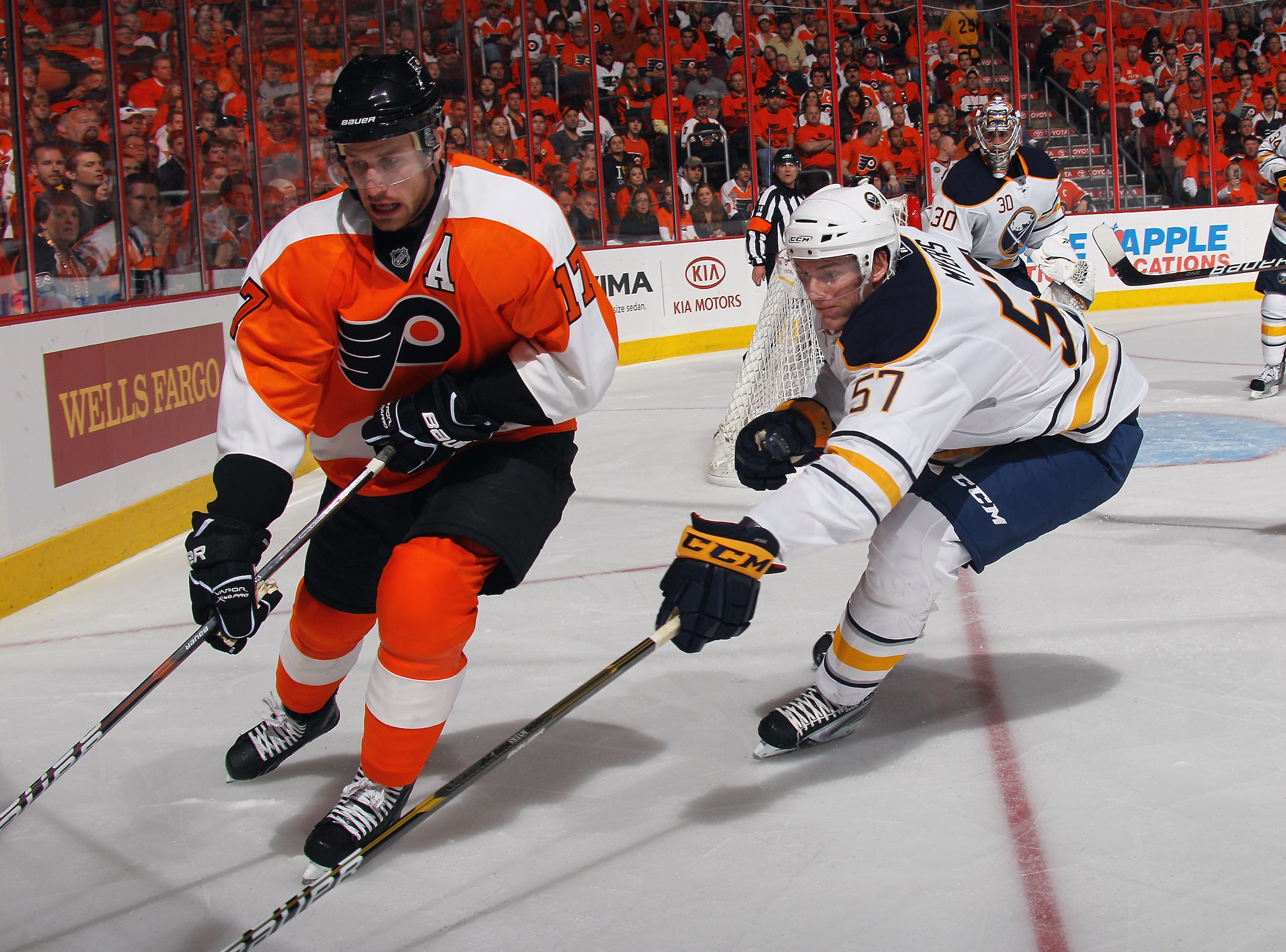 PHILADELPHIA, PA - APRIL 14: Tyler Myers #57 of the Buffalo Sabres checks Jeff Carter #17 of the Philadelphia Flyers in Game One of the Eastern Conference Quarterfinals during the 2011 NHL Stanley Cup Playoffs at Wells Fargo Center on April 14, 2011 in Ph PHILADELPHIA, PA - APRIL 14: Tyler Myers #57 of the Buffalo Sabres checks Jeff Carter #17 of the Philadelphia Flyers in Game One of the Eastern Conference Quarterfinals during the 2011 NHL Stanley Cup Playoffs at Wells Fargo Center on April 14, 2011 in Ph