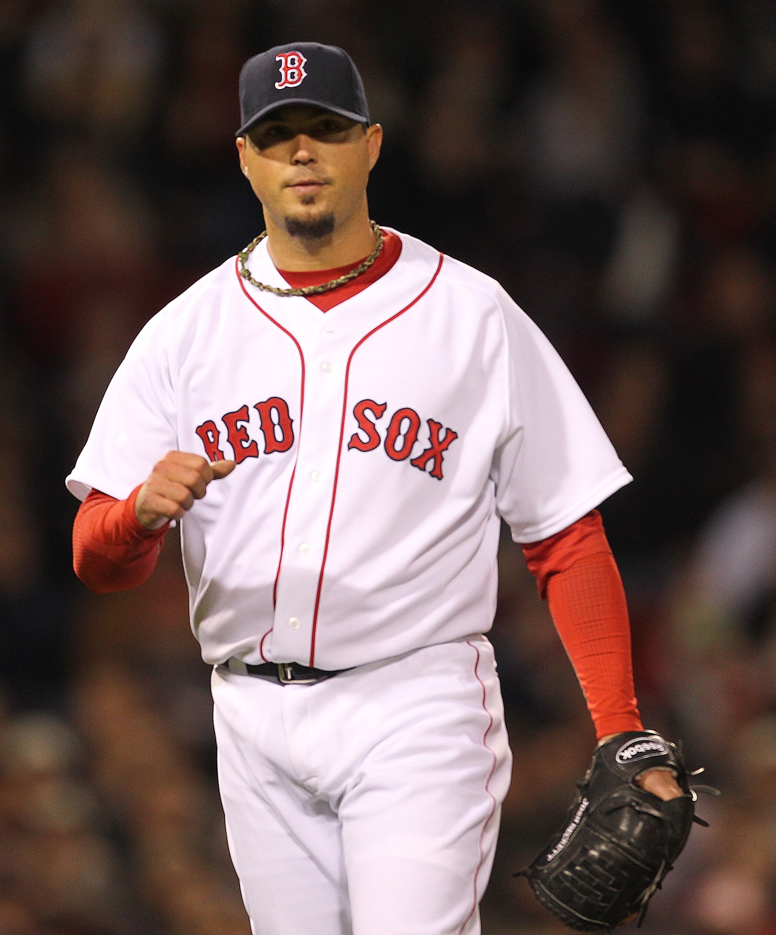 BOSTON, MA - APRIL 10: Josh Beckett #19 of the Boston Red Sox reacts after a defensive play against the New York Yankees at Fenway Park April 10, 2011 in Boston, Massachusetts. (Photo by Jim Rogash/Getty Images)