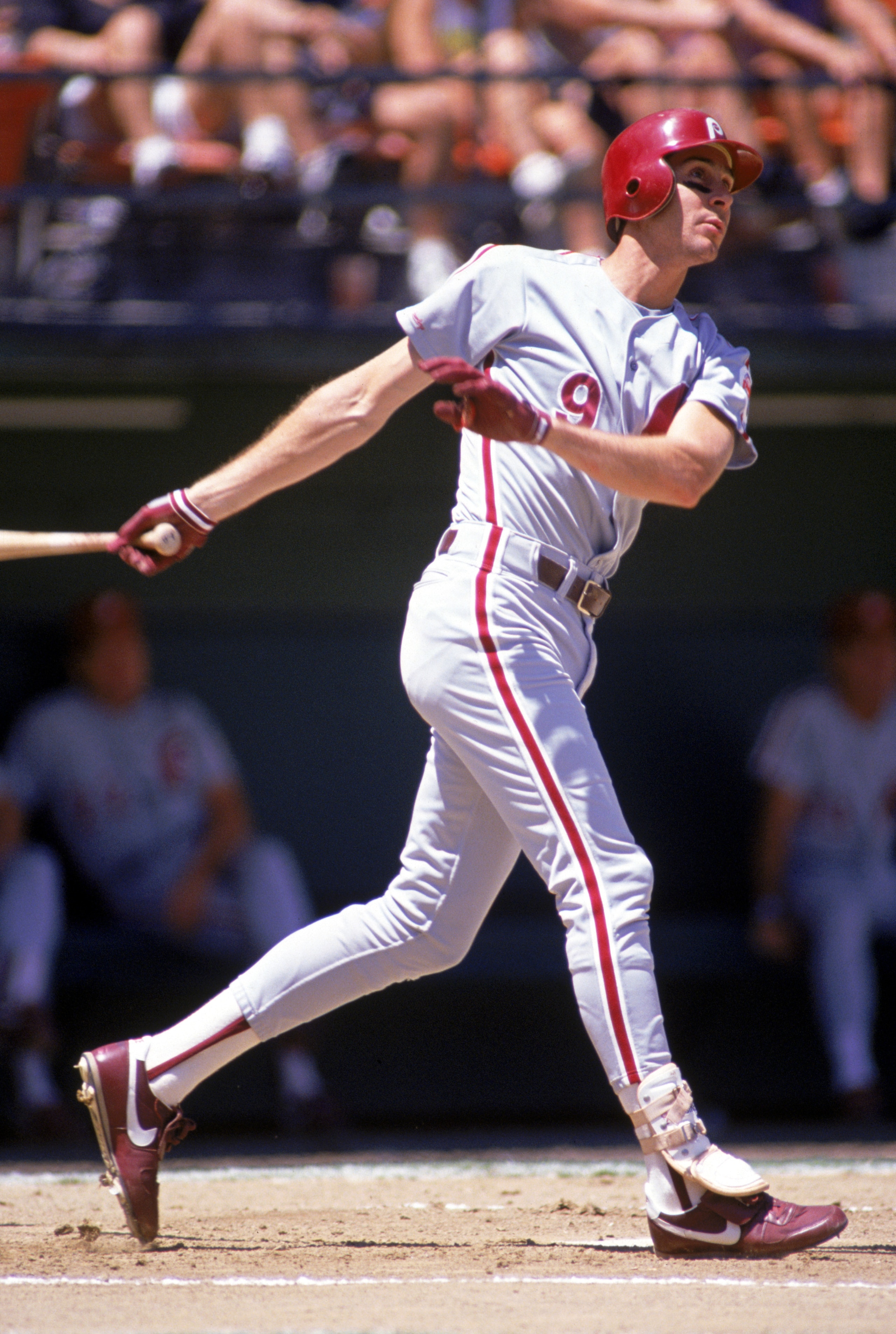 1990 - Von Hayes #9 of the Philadelphia Phillies swings at the pitch during a game in the 1990 season.  ( Photo by: Stephen Dunn /Getty Images)