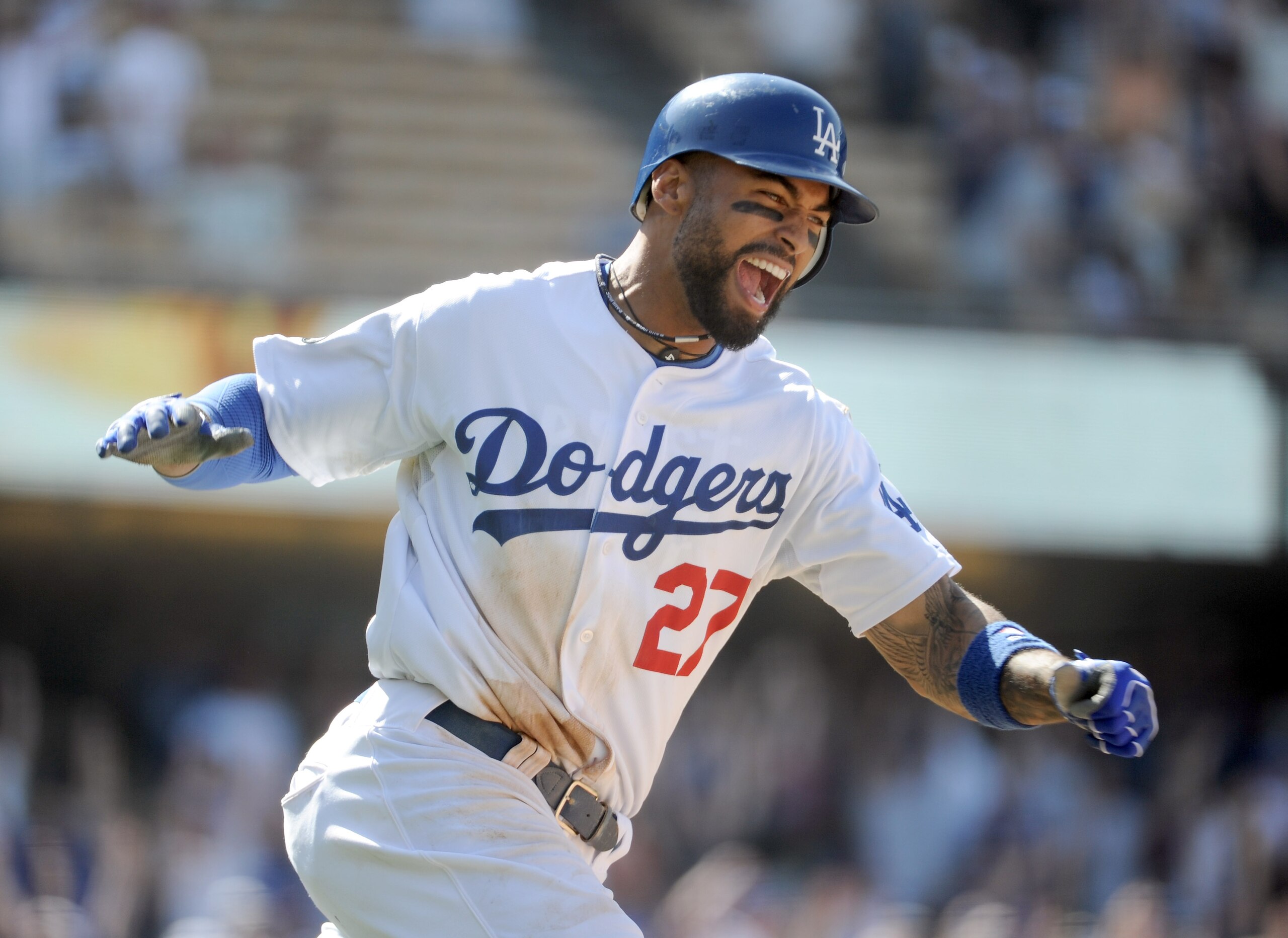 LOS ANGELES, CA - APRIL 17:  Matt Kemp #27 of the Los Angeles Dodgers reacts to his two run homerun for a 2-1 win against the St Louis Cardinals during the ninth inning at Dodger Stadium on April 17, 2011 in Los Angeles, California.  (Photo by Harry How/G