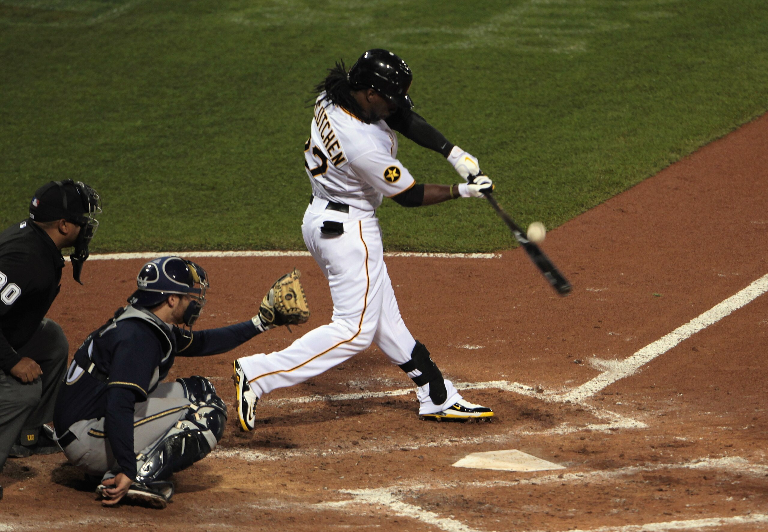 PITTSBURGH, PA - APRIL 14:  Andrew McCutchen #22 of the Pittsburgh Pirates takes a swing against the Milwaukee Brewers at PNC Park on April 14, 2011 in Pittsburgh, Pennsylvania.  (Photo by Scott Halleran/Getty Images)