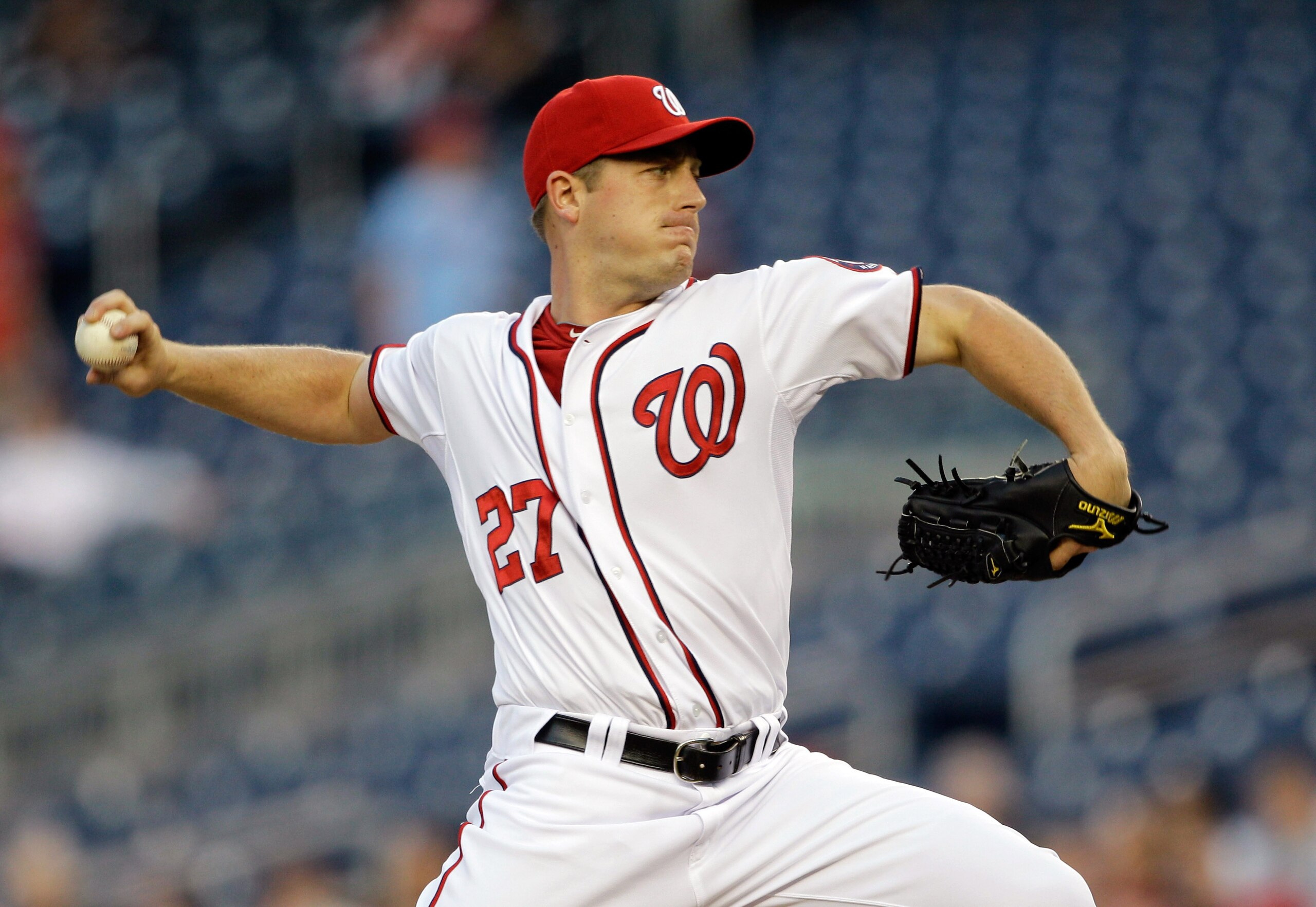 WASHINGTON, DC - APRIL 14:  Starting pitcher Jordan Zimmermann #27 of the Washington Nationals delivers to a Philadelphia Phillies batter during the first inning at Nationals Park on April 14, 2011 in Washington, DC.  (Photo by Rob Carr/Getty Images)