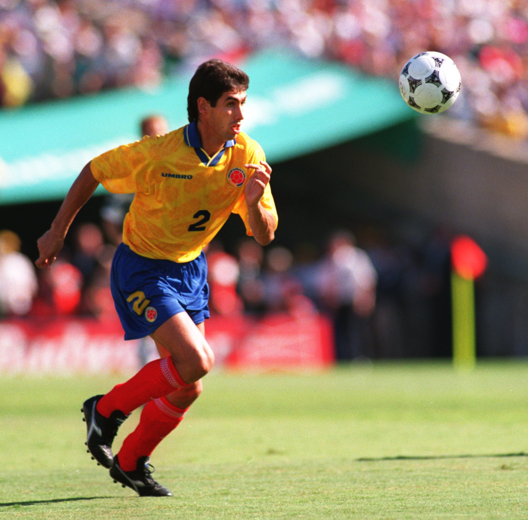 22 JUN 1994:  ANDRES ESCOBAR OF COLOMBIA TRIES TO CONTROL THE BALL DURING COLOMBIA's 2-1 LOSS TO THE USA IN A 1994 WORLD CUP MATCH AT THE ROSE BOWL IN PASADENA. Mandatory Credit: Shaun Botterill/ALLSPORT