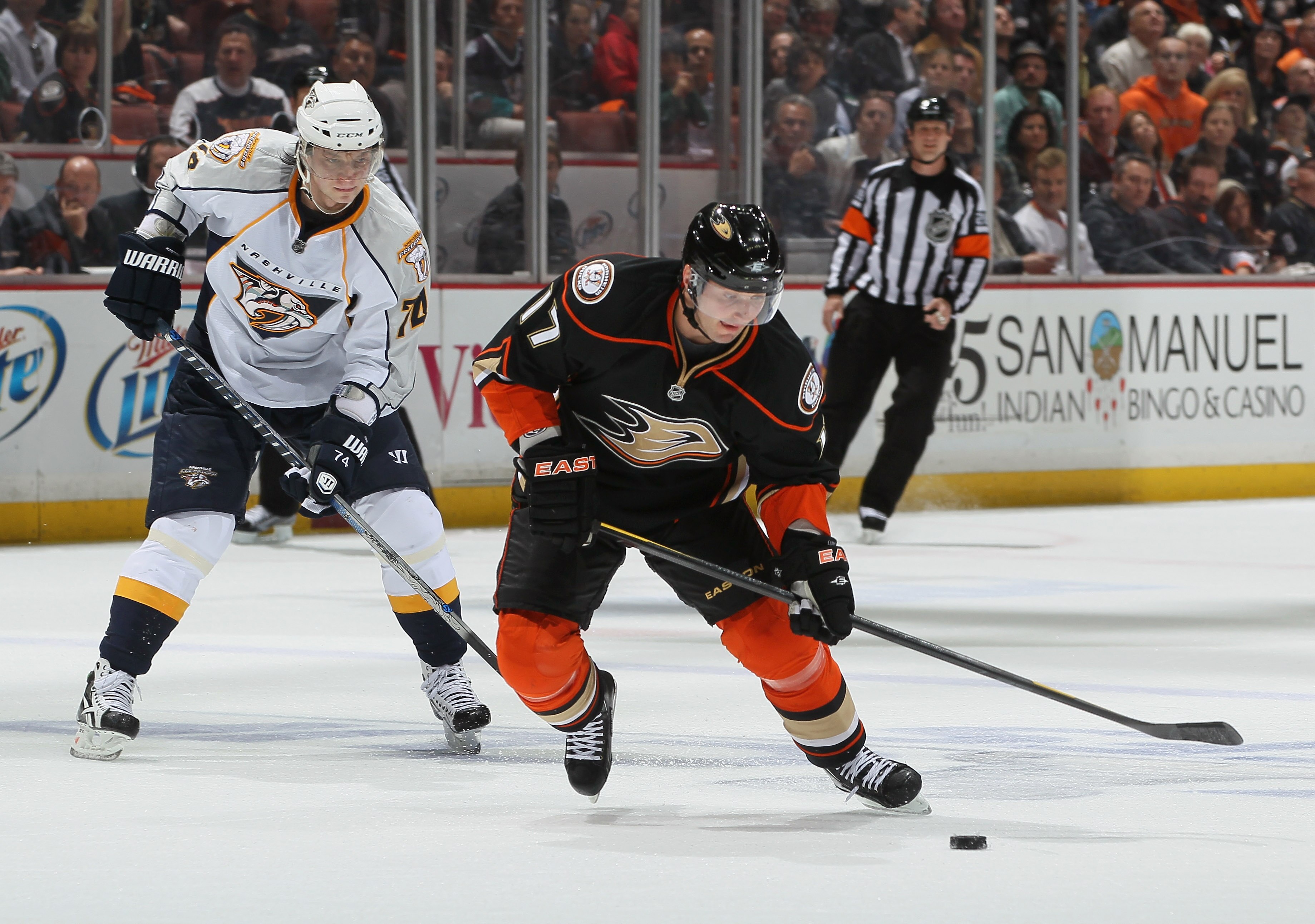 ANAHEIM, CA - APRIL 13:  Lubomir Visnovsky #17 of the Anaheim Ducks is pursued by Sergei Kostitsyn #74 of the Nashville Predators for the puck in the first period of Game One of the Western Conference Quarterfinals during the 2011 NHL Stanley Cup Playoffs