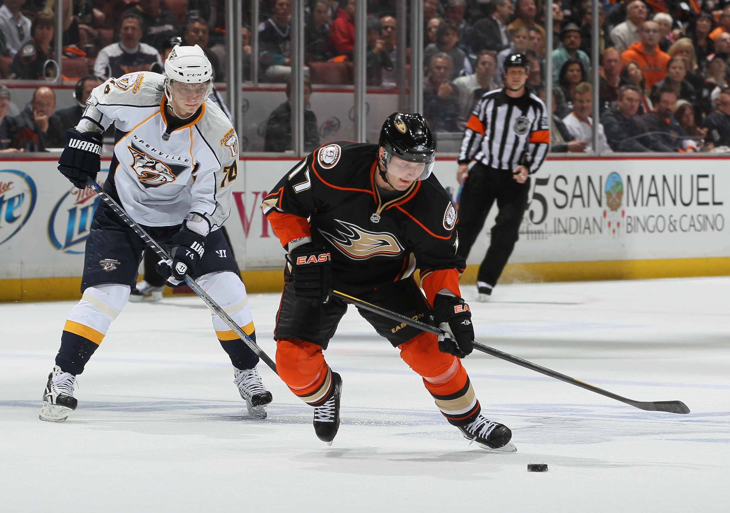 ANAHEIM, CA - APRIL 13: Lubomir Visnovsky #17 of the Anaheim Ducks is pursued by Sergei Kostitsyn #74 of the Nashville Predators for the puck in the first period of Game One of the Western Conference Quarterfinals during the 2011 NHL Stanley Cup Playoffs ANAHEIM, CA - APRIL 13: Lubomir Visnovsky #17 of the Anaheim Ducks is pursued by Sergei Kostitsyn #74 of the Nashville Predators for the puck in the first period of Game One of the Western Conference Quarterfinals during the 2011 NHL Stanley Cup Playoffs