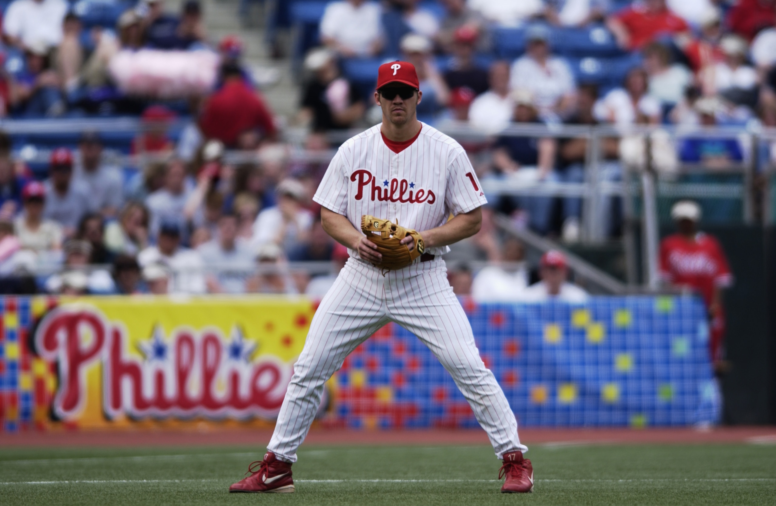 PHILADELPHIA - MAY 12:  Third baseman Scott Rolen #17 of the Philadelphia Phillies stands on the field against the Arizona Diamondbacks during the MLB game at Veterans Stadium in Philadelphia, Pennsylvania on May 12, 2002. The Phillies defeated the Diamon