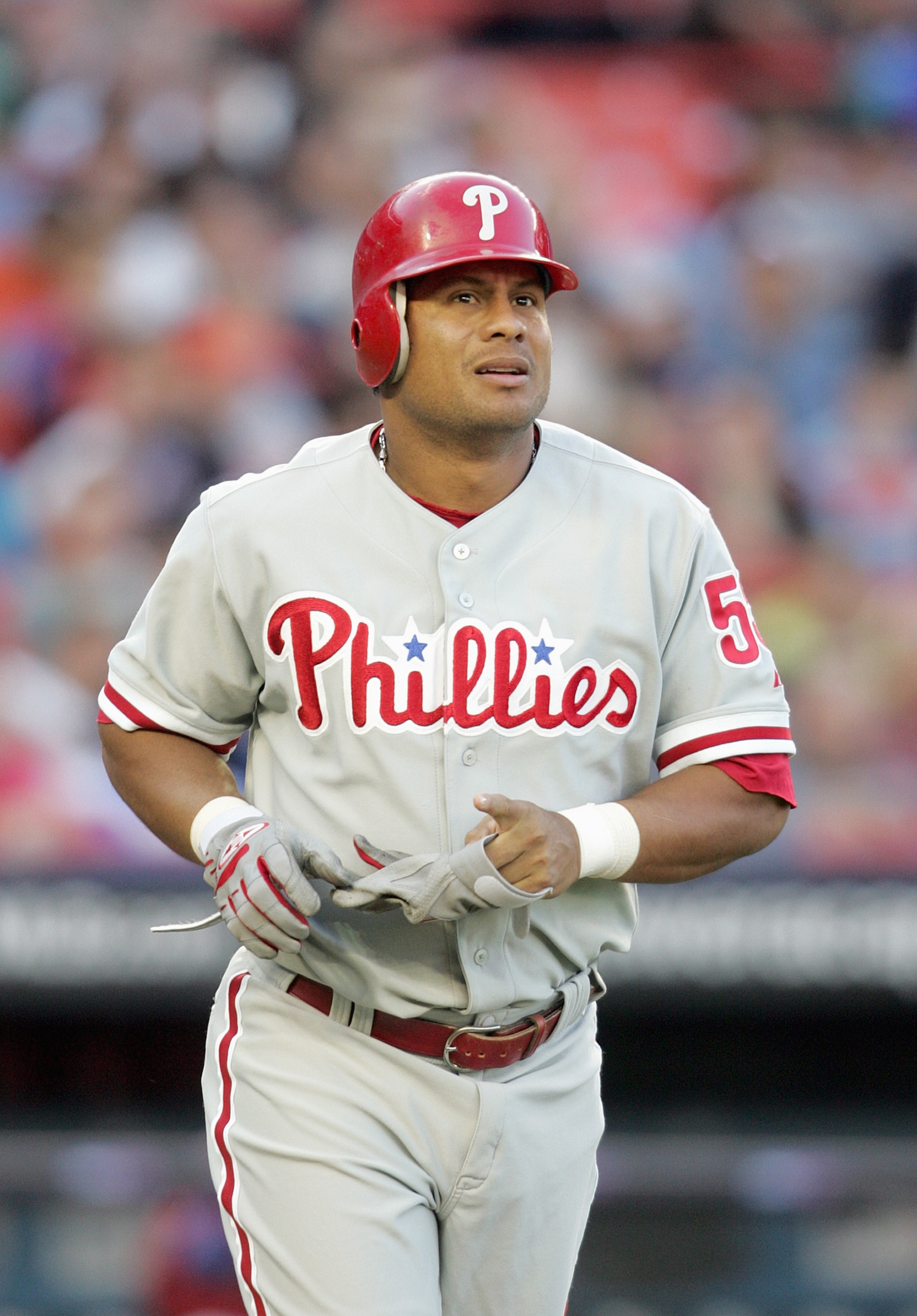 FLUSHING, NY - MAY 24: Bobby Abreu #53 of the Philadelphia Phillies moves to first base during the game against the New York Mets on May 24, 2006 at Shea Stadium in the Flushing neighborhood of the Queens borough of New York City. The Mets won 5-4. (Photo