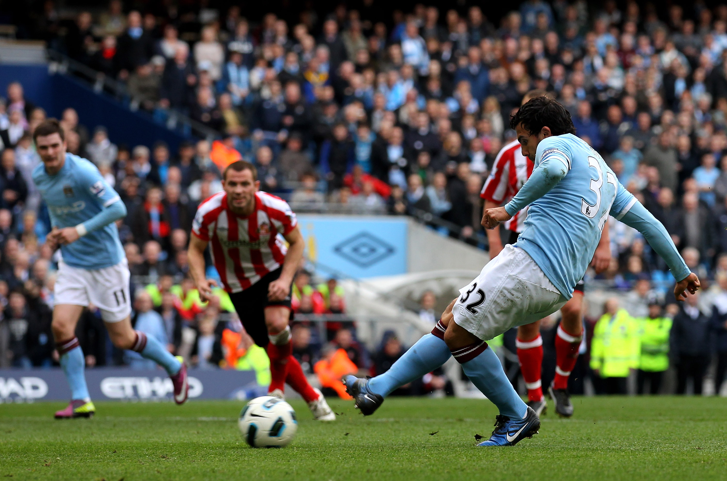 MANCHESTER, ENGLAND - APRIL 03:  Carlos Tevez of Manchester City scores his team's second goal, from a penalty, during the Barclays Premier League match between Manchester City and Sunderland at the City of Manchester Stadium on April 3, 2011 in Mancheste