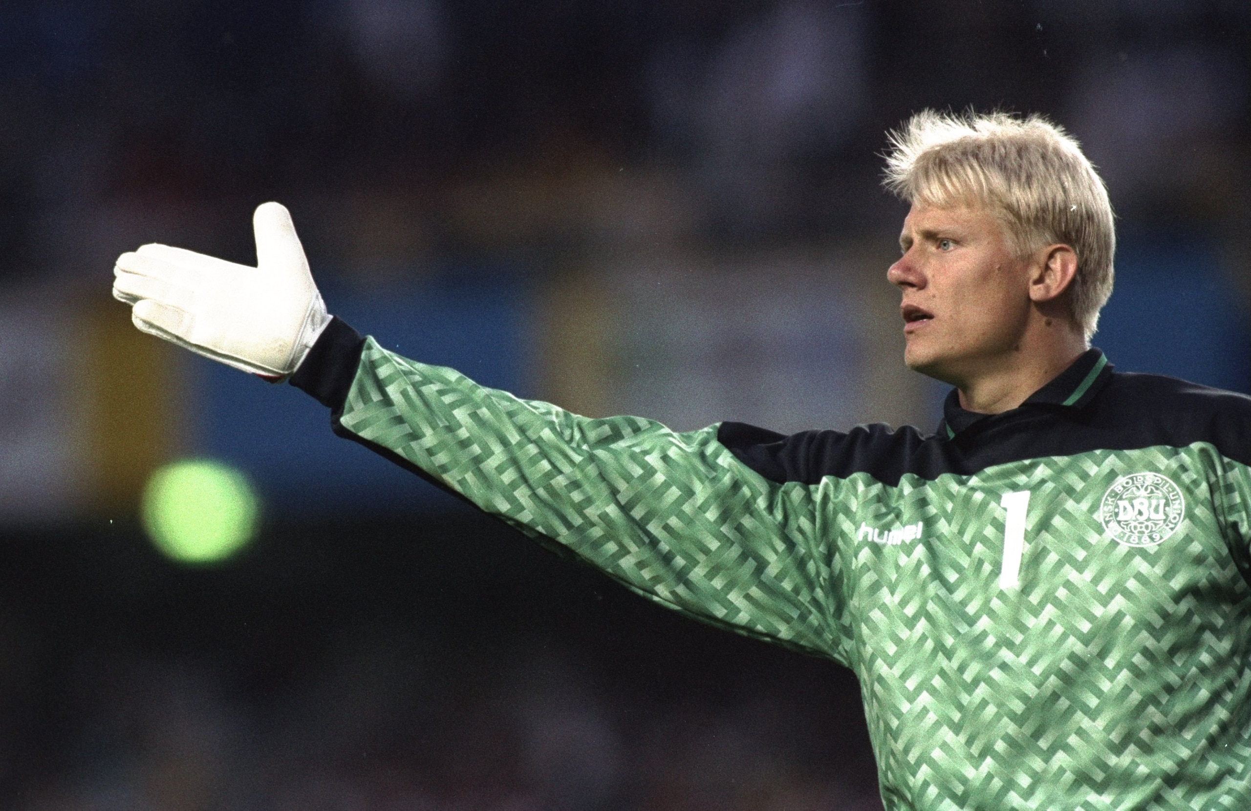 14 Jun 1992:  Denmark goalkeeper Peter Schmeichel indicates to his team mates during the European Championship match against Sweden at the Rasunda Stadium in Stockholm, Sweden. Sweden won the match 1-0.  \ Mandatory Credit: Shaun  Botterill/Allsport