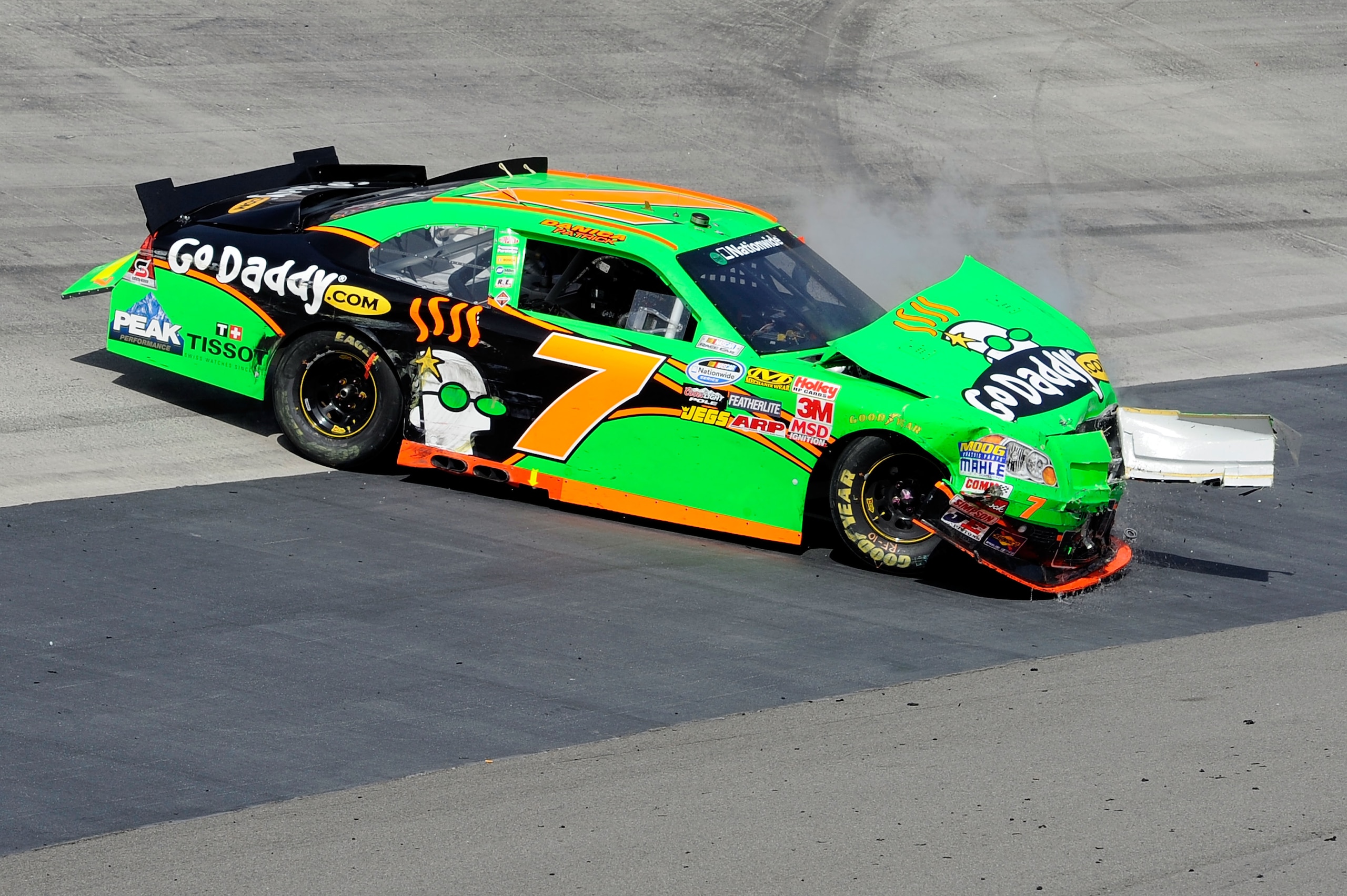 BRISTOL, TN - MARCH 19: Danica Patrick, driver of the #7 GoDaddy.com Chevrolet, spins out down the track after an incident in the NASCAR Nationwide Series Scotts EZ Seed 300 at Bristol Motor Speedway on March 19, 2011 in Bristol, Tennessee. (Photo by Jo BRISTOL, TN - MARCH 19: Danica Patrick, driver of the #7 GoDaddy.com Chevrolet, spins out down the track after an incident in the NASCAR Nationwide Series Scotts EZ Seed 300 at Bristol Motor Speedway on March 19, 2011 in Bristol, Tennessee. (Photo by Jo