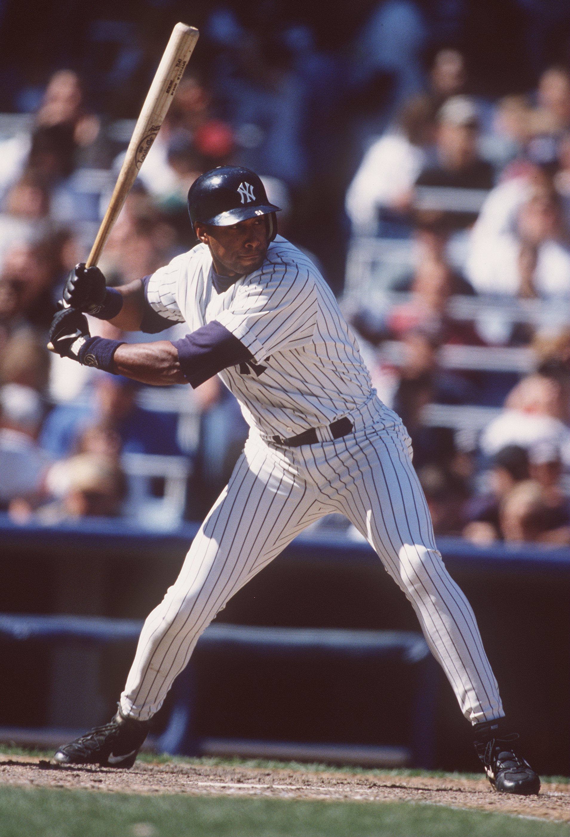27 Apr 1996:  Outfielder Bernie Williams of the New York Yankees stares back at the mound as he awaits the ball during an at-bat in the Yankees' 4-3 loss to the Minnesota Twins at Yankee Stadium in New York, New York.   Mandatory Credit: Al Bello/ALLSPORT