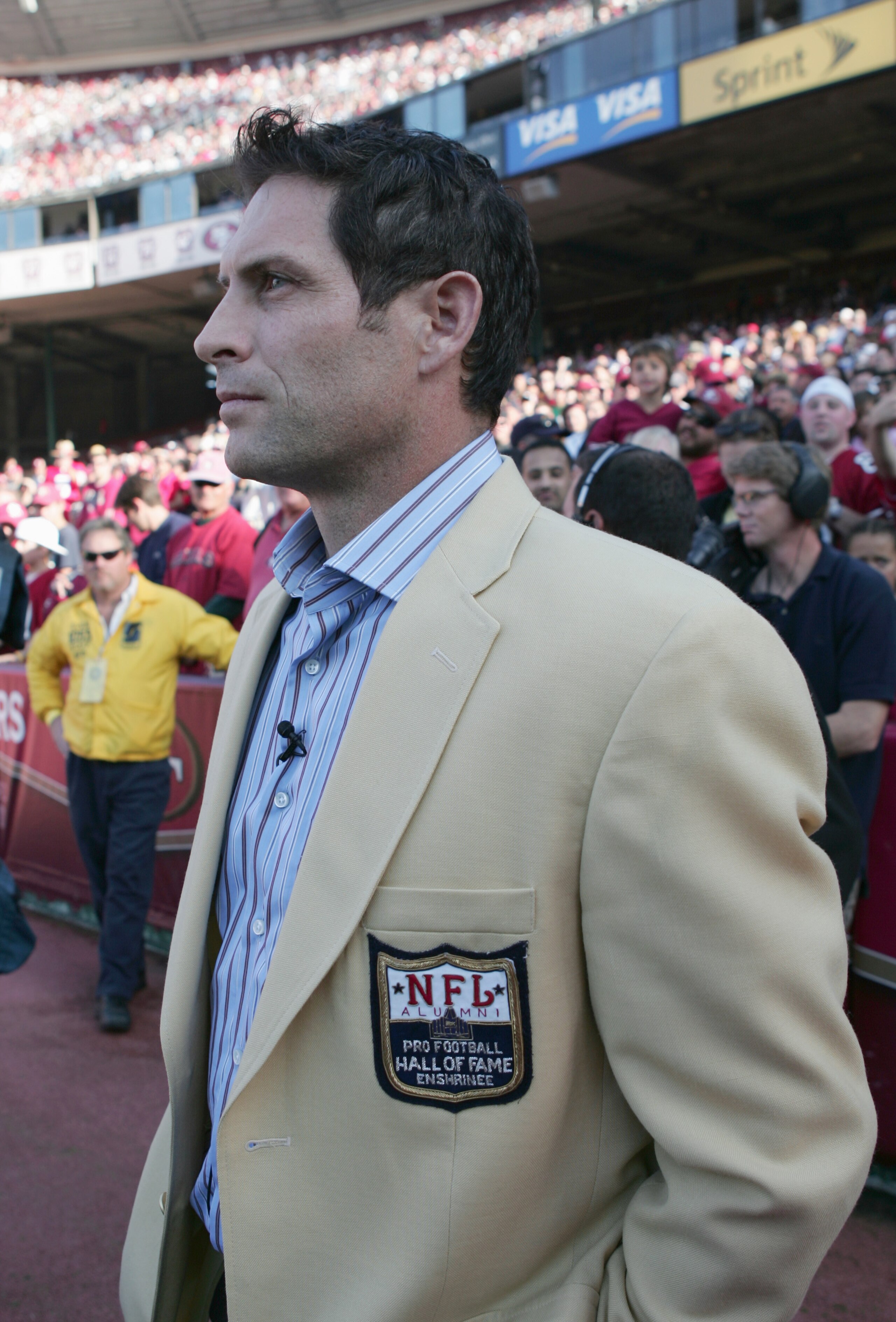 SAN FRANCISCO - NOVEMBER 20:  Steve Young stands on the sidelines before the 49ers celebrate his induction into the Hall of Fame at halftime during the NFL game between the San Francisco 49ers and the Seattle Seahawks on November 20, 2005 at Monster Park