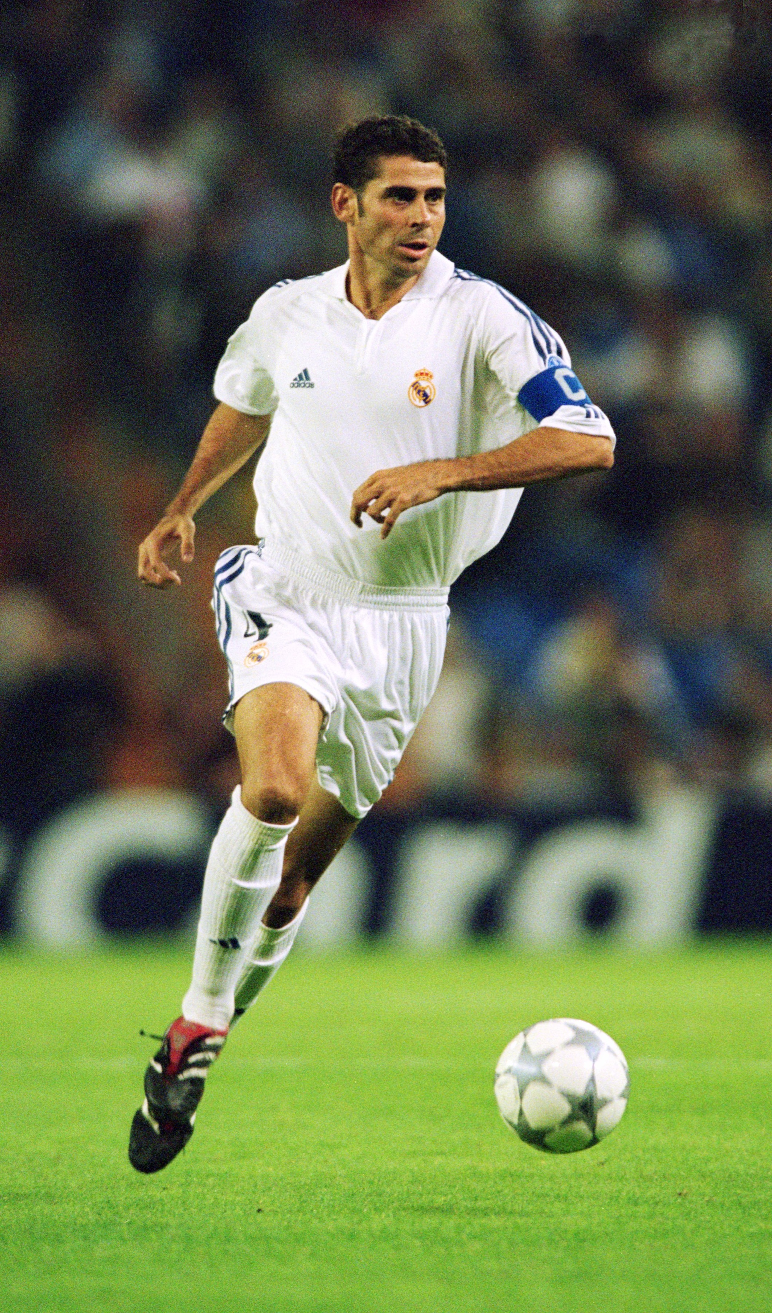 26 Sep 2001: Fernando Hierro of Real Madrid brings the ball out of defence during the UEFA Champions League Group A match against Anderlecht played at the Bernabeu, in Madrid, Spain. Real Madrid won the match 4-1. \ Mandatory Credit: Shaun Botterill /All 26 Sep 2001: Fernando Hierro of Real Madrid brings the ball out of defence during the UEFA Champions League Group A match against Anderlecht played at the Bernabeu, in Madrid, Spain. Real Madrid won the match 4-1. \ Mandatory Credit: Shaun Botterill /All
