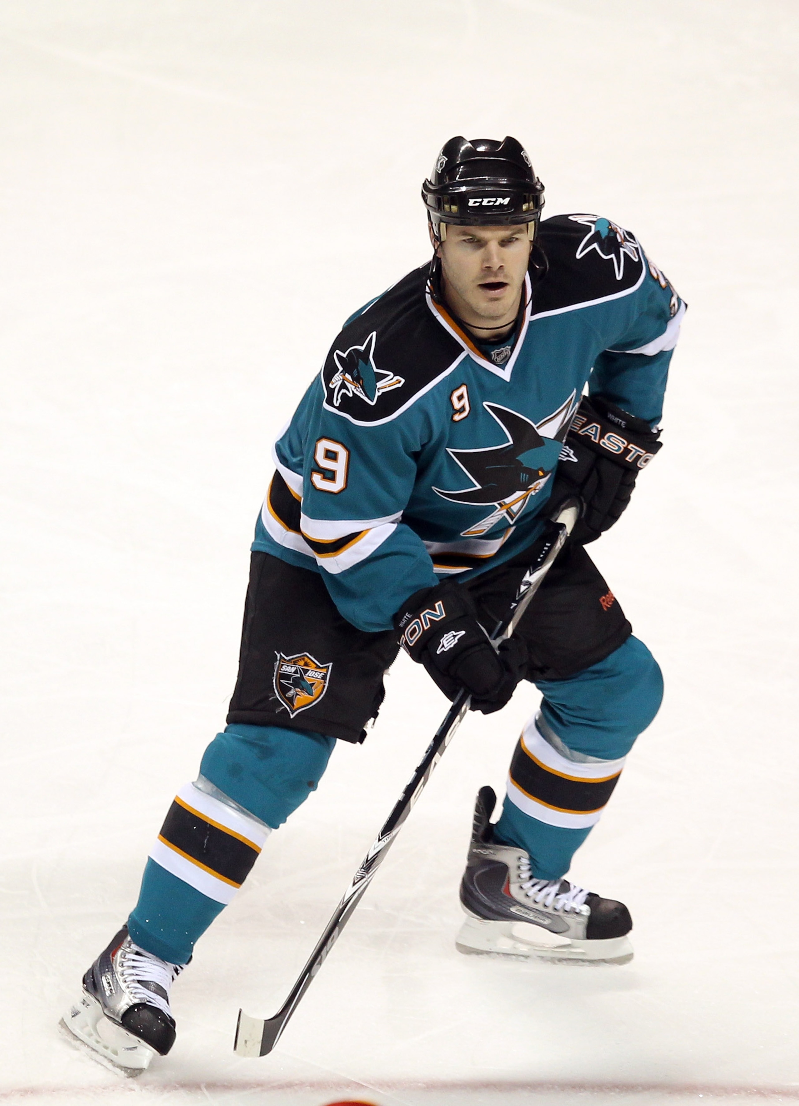 SAN JOSE, CA - MARCH 23:  Ian White #9 of the San Jose Sharks in action against the Calgary Flames at the HP Pavilion on March 23, 2011 in San Jose, California.  (Photo by Ezra Shaw/Getty Images)
