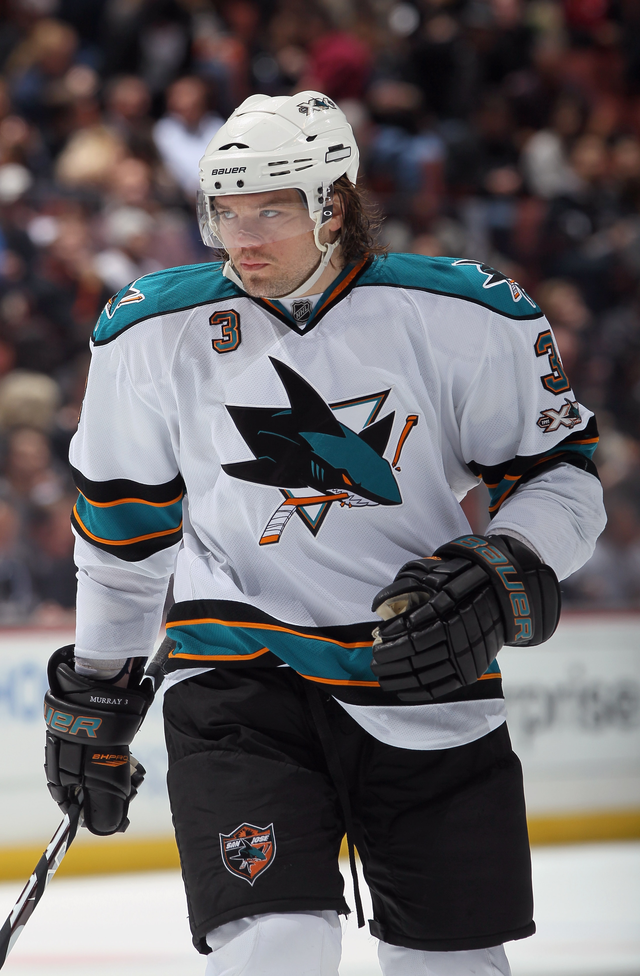 ANAHEIM, CA - APRIL 06:  Douglas Murray #3 of the San Jose Sharks skates against the Anaheim Ducks at Honda Center on April 6, 2011 in Anaheim, California.  (Photo by Jeff Gross/Getty Images)