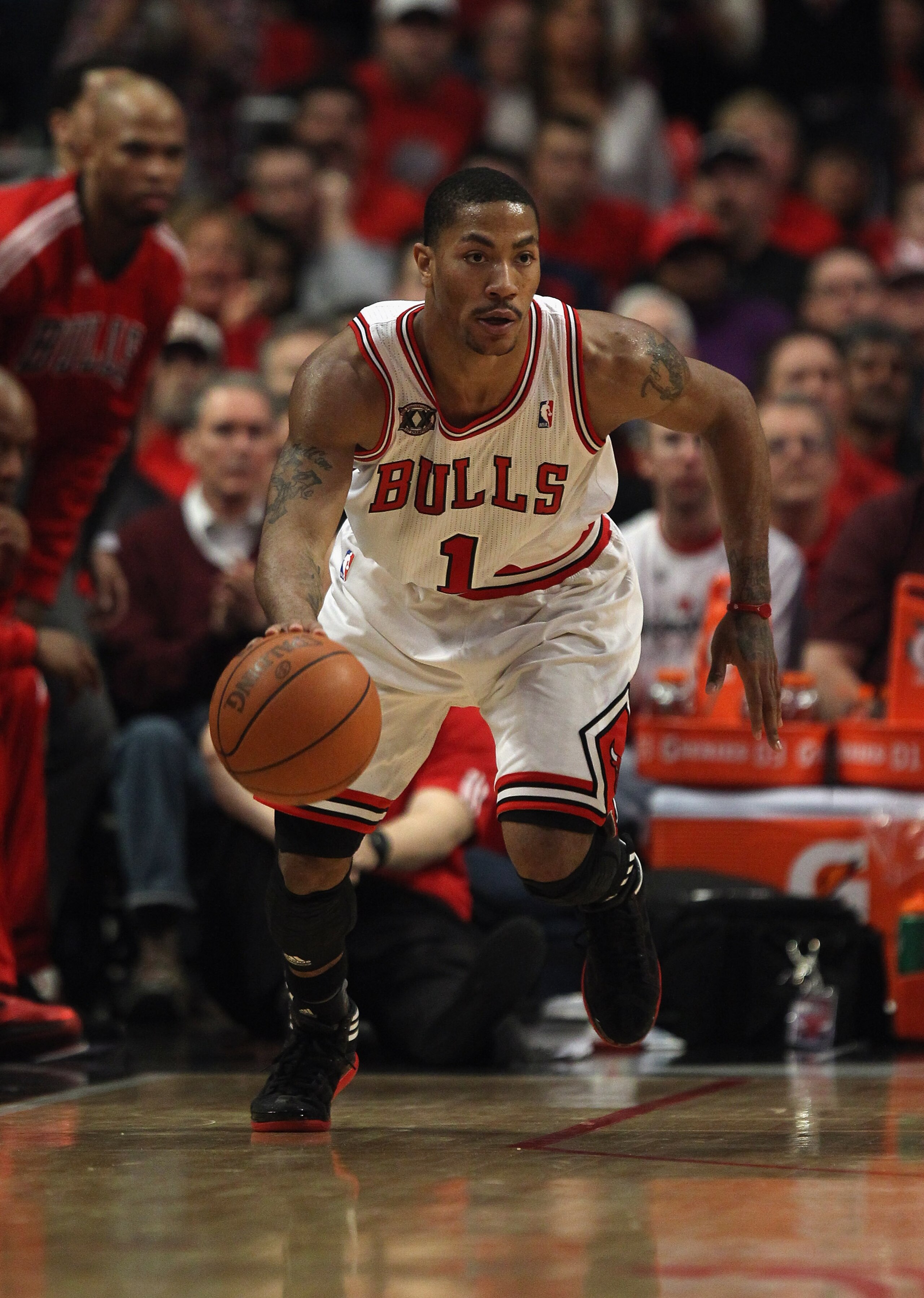 CHICAGO, IL - APRIL 16: Derrick Rose #1 of the Chicago Bulls moves up the court against the Indiana Pacers in Game One of the Eastern Conference Quarterfinals in the 2011 NBA Playoffs at the United Center on April 16, 2011 in Chicago, Illinois. The Bulls