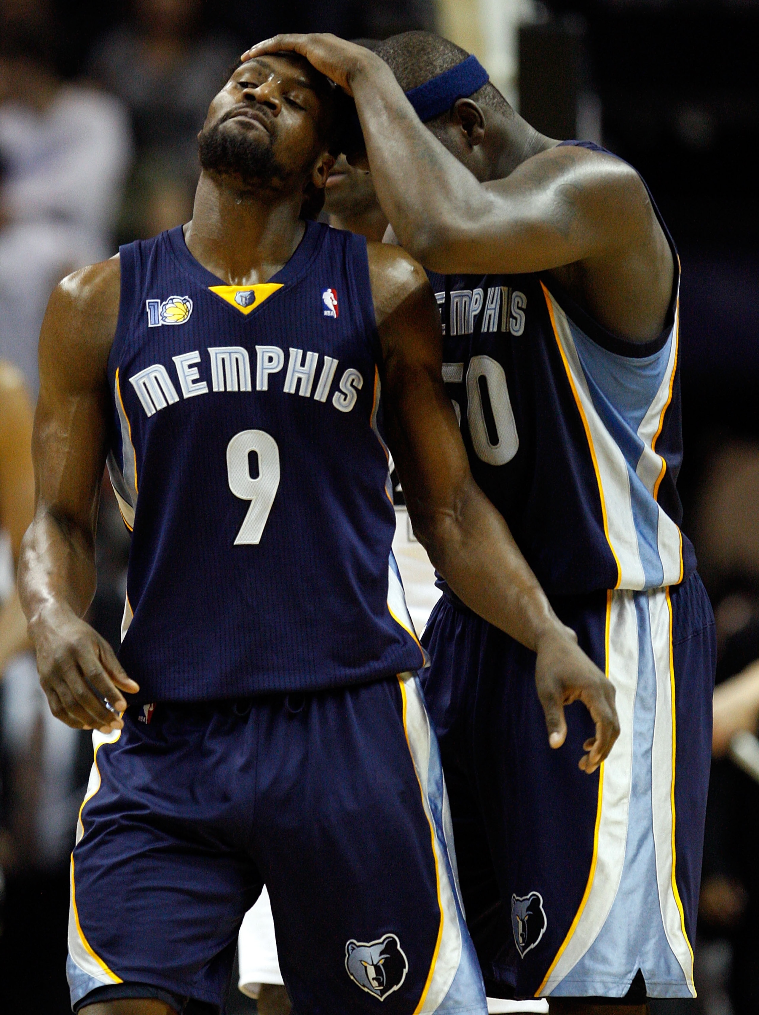 SAN ANTONIO, TX - APRIL 17:  Guard Tony Allen #9 and Zach Randolph #50 of the Memphis Grizzlies react after making free throws against the San Antonio Spurs in Game One of the Western Conference Quarterfinals in the 2011 NBA Playoffs on April 17, 2011 at