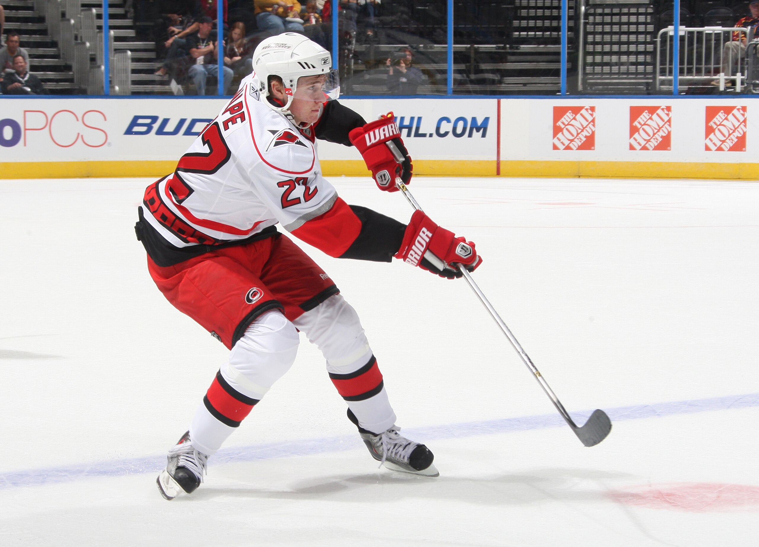 ATLANTA - SEPTEMBER 25: Zac Dalpe #22 of the Carolina Hurricanes fires a pass against the Atlanta Thrashers at Philips Arena on September 25, 2010 in Atlanta, Georgia. The Hurricanes won 1-0. (Photo by Scott Cunningham/Getty Images)