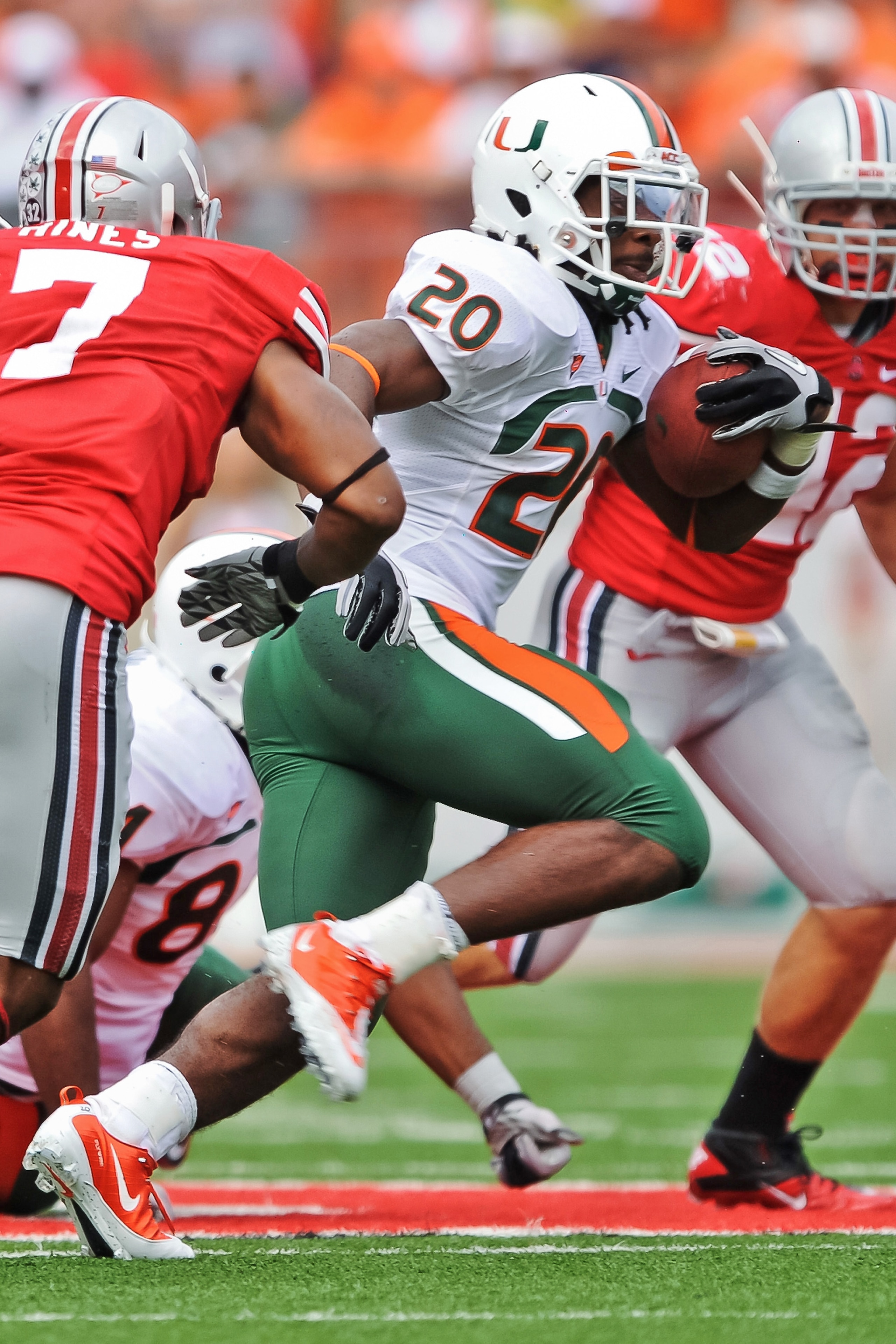 COLUMBUS, OH - SEPTEMBER 11: Damien Berry #20 of the Miami Hurricanes runs with the ball against the Ohio State Buckeyes at Ohio Stadium on September 11, 2010 in Columbus, Ohio. (Photo by Jamie Sabau/Getty Images) COLUMBUS, OH - SEPTEMBER 11: Damien Berry #20 of the Miami Hurricanes runs with the ball against the Ohio State Buckeyes at Ohio Stadium on September 11, 2010 in Columbus, Ohio. (Photo by Jamie Sabau/Getty Images)