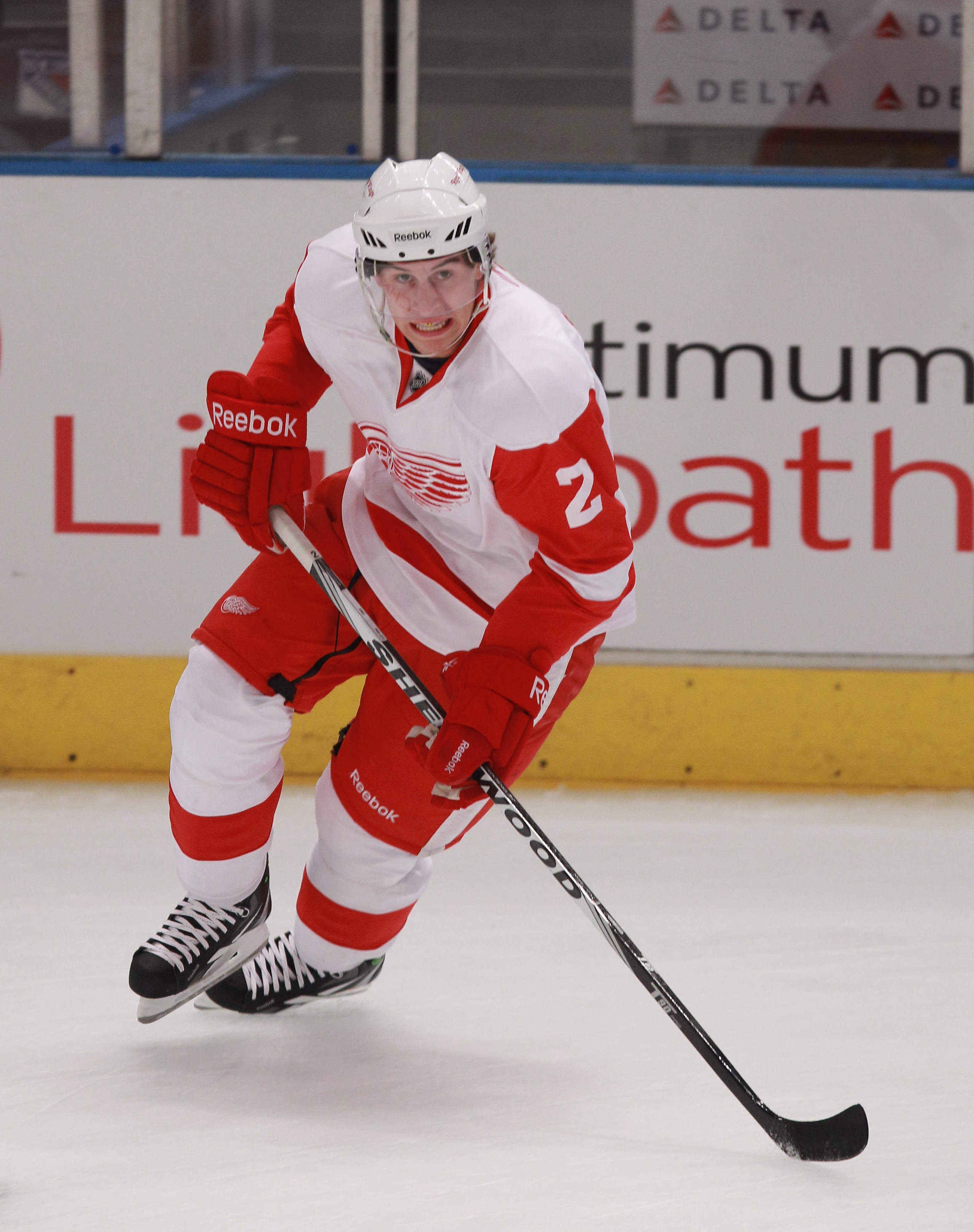 NEW YORK - SEPTEMBER 29: Brendan Smith #2 of the Detroit Red Wings skates in warmups prior to his game against the New York Rangers at Madison Square Garden on September 29, 2010 in New York City. The Rangers defeated the Red Wings 5-1.  (Photo by Bruce B