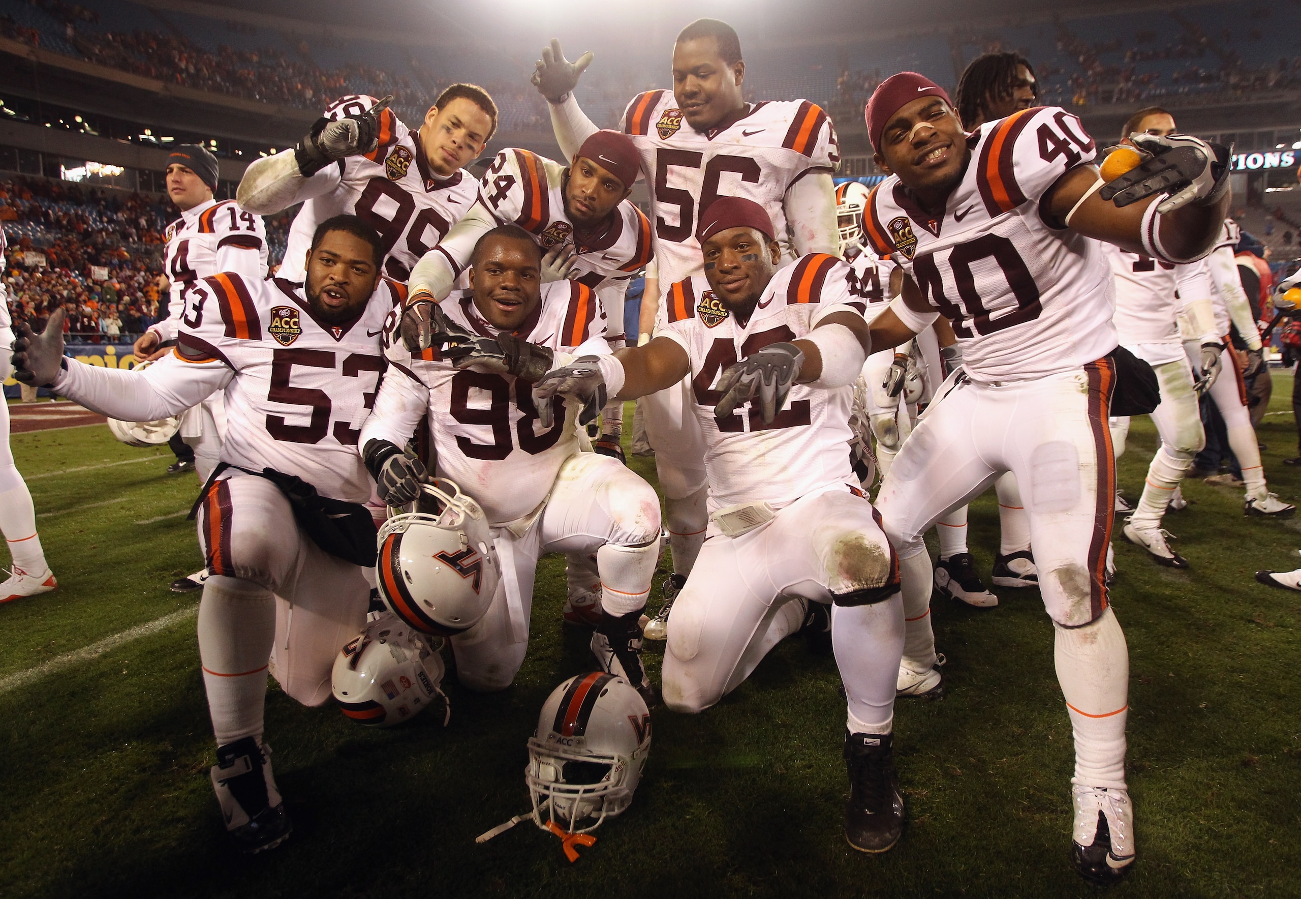 CHARLOTTE, NC - DECEMBER 04:  The Virginia Tech Hokies celebrate after defeating the Florida State Seminoles to win the ACC Championship 44-33 at Bank of America Stadium on December 4, 2010 in Charlotte, North Carolina.  (Photo by Streeter Lecka/Getty Ima