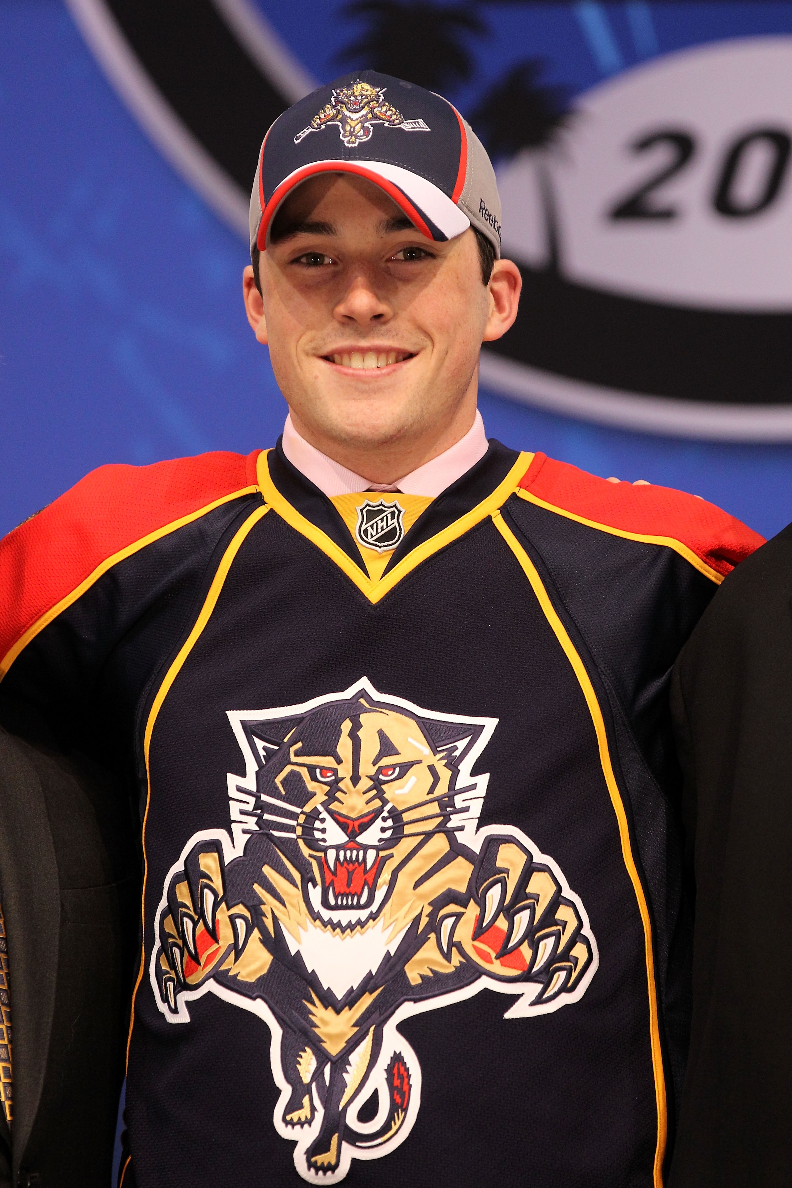 LOS ANGELES, CA - JUNE 25:  Erik Gudbranson, drafted third overall by the Florida Panthers poses on stage during the 2010 NHL Entry Draft at Staples Center on June 25, 2010 in Los Angeles, California.  (Photo by Bruce Bennett/Getty Images)