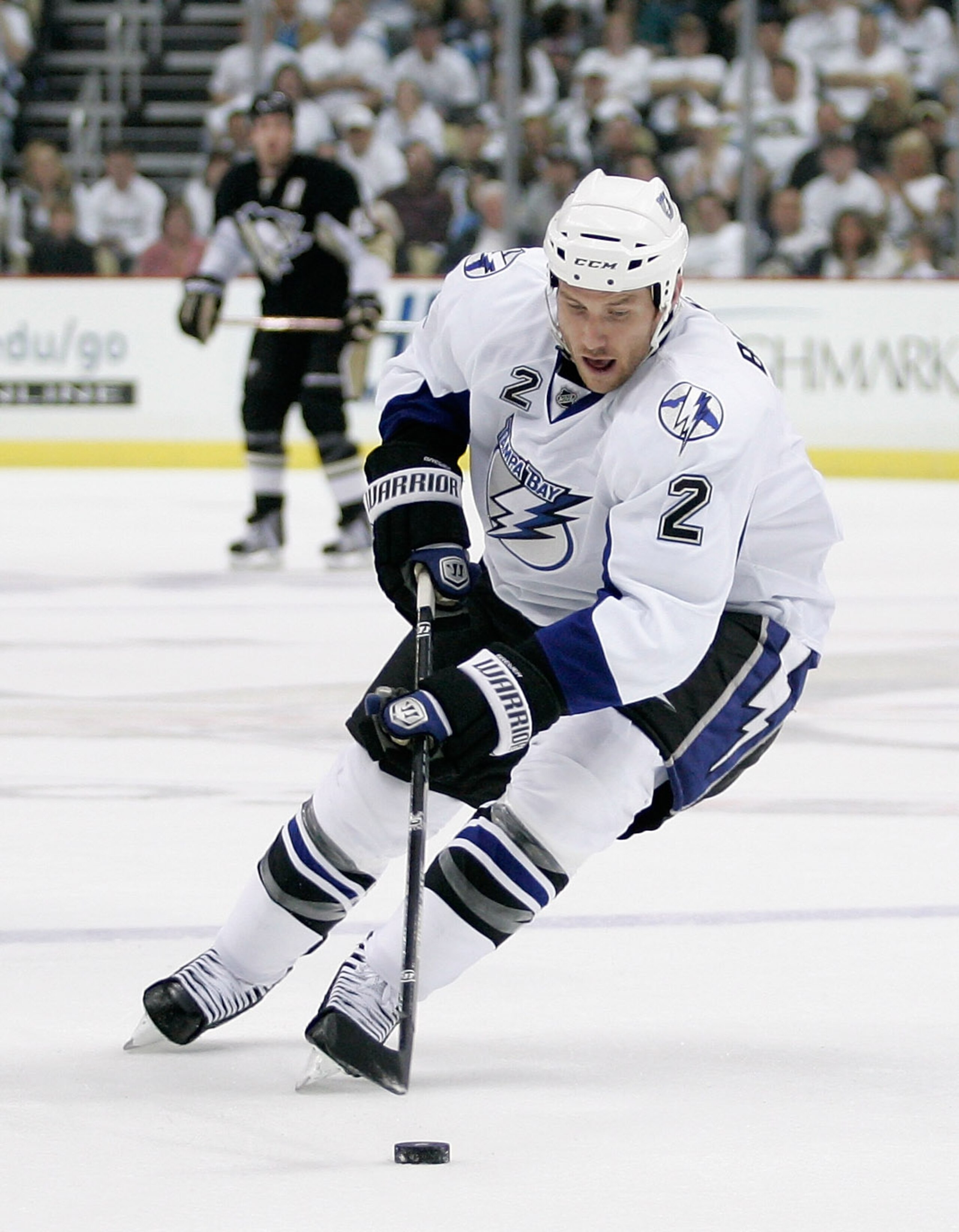 PITTSBURGH, PA - APRIL 15: Eric Brewer#2 of the Tampa Bay Lightning controls the puck during Game Two of the Eastern Conference Quarterfinals against the Pittsburgh Penguins during the 2011 NHL Stanley Cup Playoffs at Consol Energy Center on April 15, 2 PITTSBURGH, PA - APRIL 15: Eric Brewer#2 of the Tampa Bay Lightning controls the puck during Game Two of the Eastern Conference Quarterfinals against the Pittsburgh Penguins during the 2011 NHL Stanley Cup Playoffs at Consol Energy Center on April 15, 2