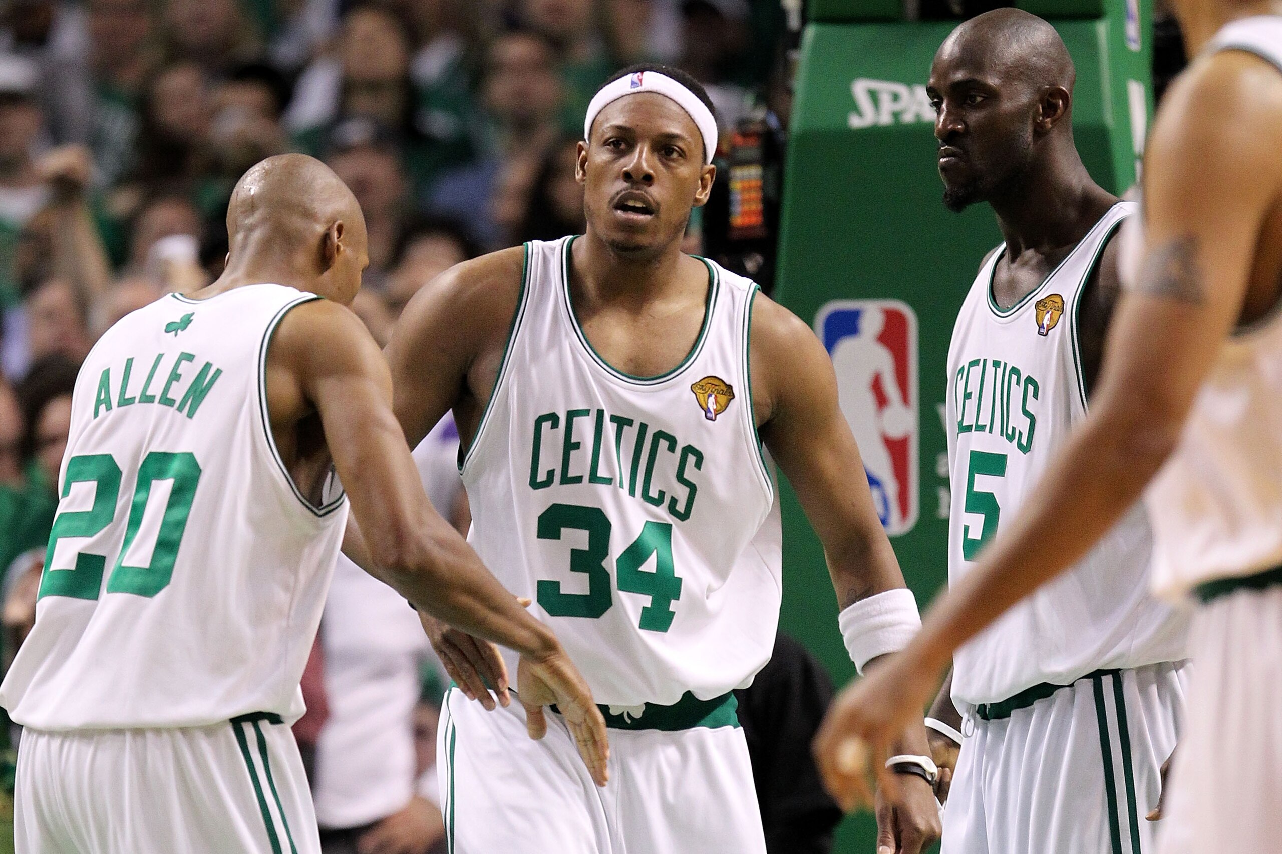 BOSTON - JUNE 10: (L-R) Ray Allen #20, Paul Pierce #34 and Kevin Garnett #5 of the Boston Celltics react against the Los Angeles Lakers during Game Four of the 2010 NBA Finals on June 10, 2010 at TD Garden in Boston, Massachusetts. NOTE TO USER: User exp BOSTON - JUNE 10: (L-R) Ray Allen #20, Paul Pierce #34 and Kevin Garnett #5 of the Boston Celltics react against the Los Angeles Lakers during Game Four of the 2010 NBA Finals on June 10, 2010 at TD Garden in Boston, Massachusetts. NOTE TO USER: User exp