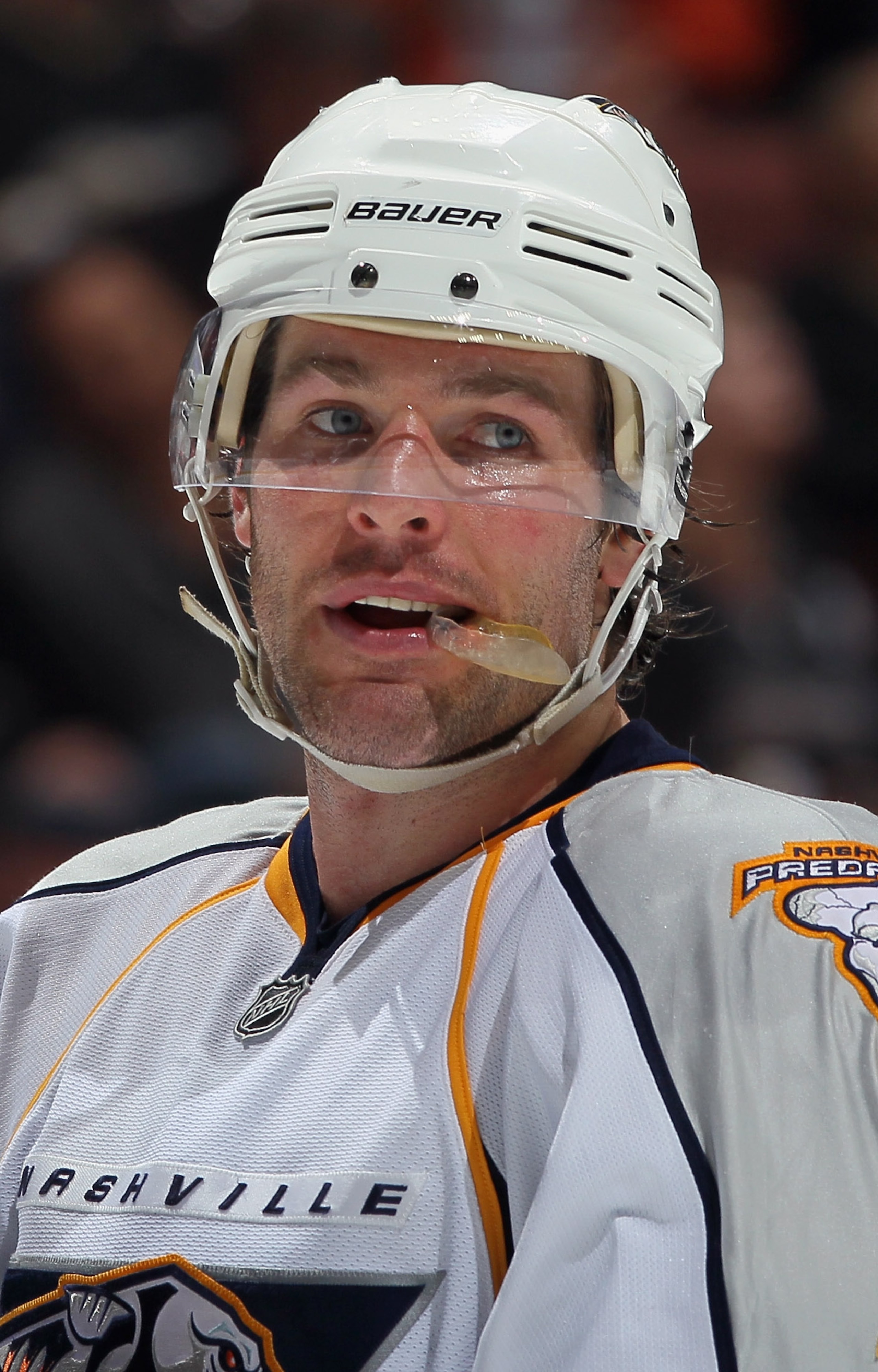 ANAHEIM, CA - APRIL 13: Mike Fisher #12 of the Nashville Predators looks on against the Anaheim Ducks in Game One of the Western Conference Quarterfinals during the 2011 NHL Stanley Cup Playoffs at Honda Center on April 13, 2011 in Anaheim, California. T ANAHEIM, CA - APRIL 13: Mike Fisher #12 of the Nashville Predators looks on against the Anaheim Ducks in Game One of the Western Conference Quarterfinals during the 2011 NHL Stanley Cup Playoffs at Honda Center on April 13, 2011 in Anaheim, California. T