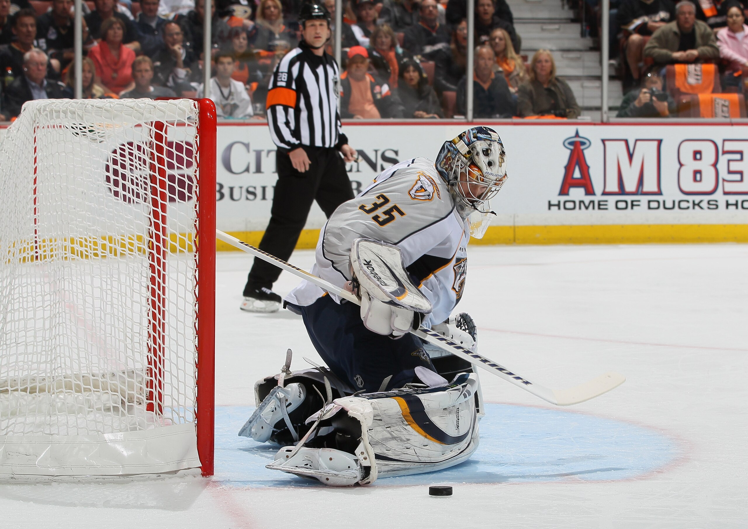 ANAHEIM, CA - APRIL 13: Goaltender Pekka Rinne #35 of the Nashville Predators makes a save against the Anaheim Ducks in the first period of Game One of the Western Conference Quarterfinals during the 2011 NHL Stanley Cup Playoffs at Honda Center on Apri ANAHEIM, CA - APRIL 13: Goaltender Pekka Rinne #35 of the Nashville Predators makes a save against the Anaheim Ducks in the first period of Game One of the Western Conference Quarterfinals during the 2011 NHL Stanley Cup Playoffs at Honda Center on Apri
