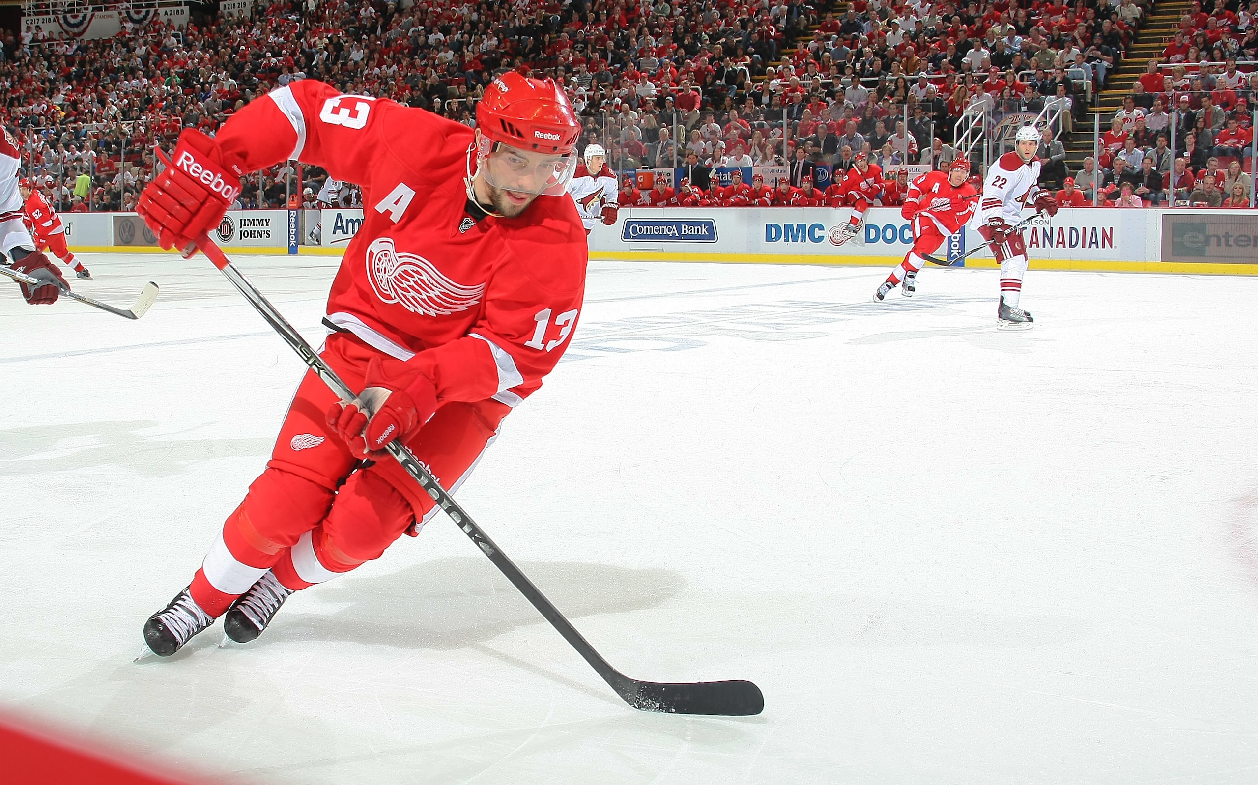DETROIT, MI- APRIL 13: Pavel Datsyuk #13 the Detroit Red Wings skates against the Phoenix Coyotes in Game One of the Western Conference Quarterfinals during the 2011 NHL Stanley Cup Playoffs at Joe Louis Arena on April 13, 2011 in Detroit, Michigan.(Phot DETROIT, MI- APRIL 13: Pavel Datsyuk #13 the Detroit Red Wings skates against the Phoenix Coyotes in Game One of the Western Conference Quarterfinals during the 2011 NHL Stanley Cup Playoffs at Joe Louis Arena on April 13, 2011 in Detroit, Michigan.(Phot