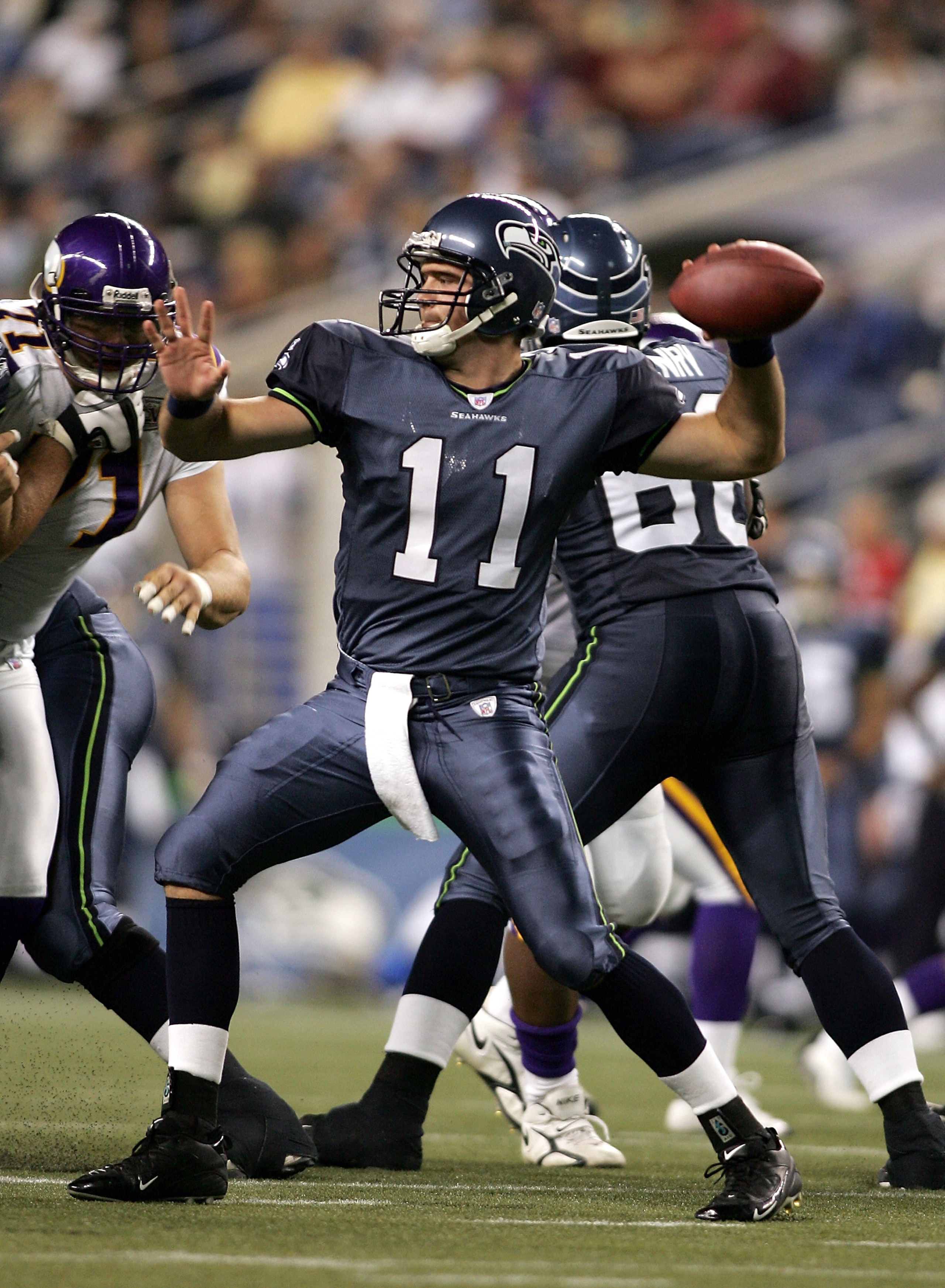 SEATTLE - SEPTEMBER 2: Quarterback David Greene #11 of the Seattle Seahawks throws against the Minnesota Vikings during the preseason NFL game September 2, 2005 at Qwest Field in Seattle, Washington. The Vikings defeated the Seahawks 23-21. (Photo by Jo SEATTLE - SEPTEMBER 2: Quarterback David Greene #11 of the Seattle Seahawks throws against the Minnesota Vikings during the preseason NFL game September 2, 2005 at Qwest Field in Seattle, Washington. The Vikings defeated the Seahawks 23-21. (Photo by Jo