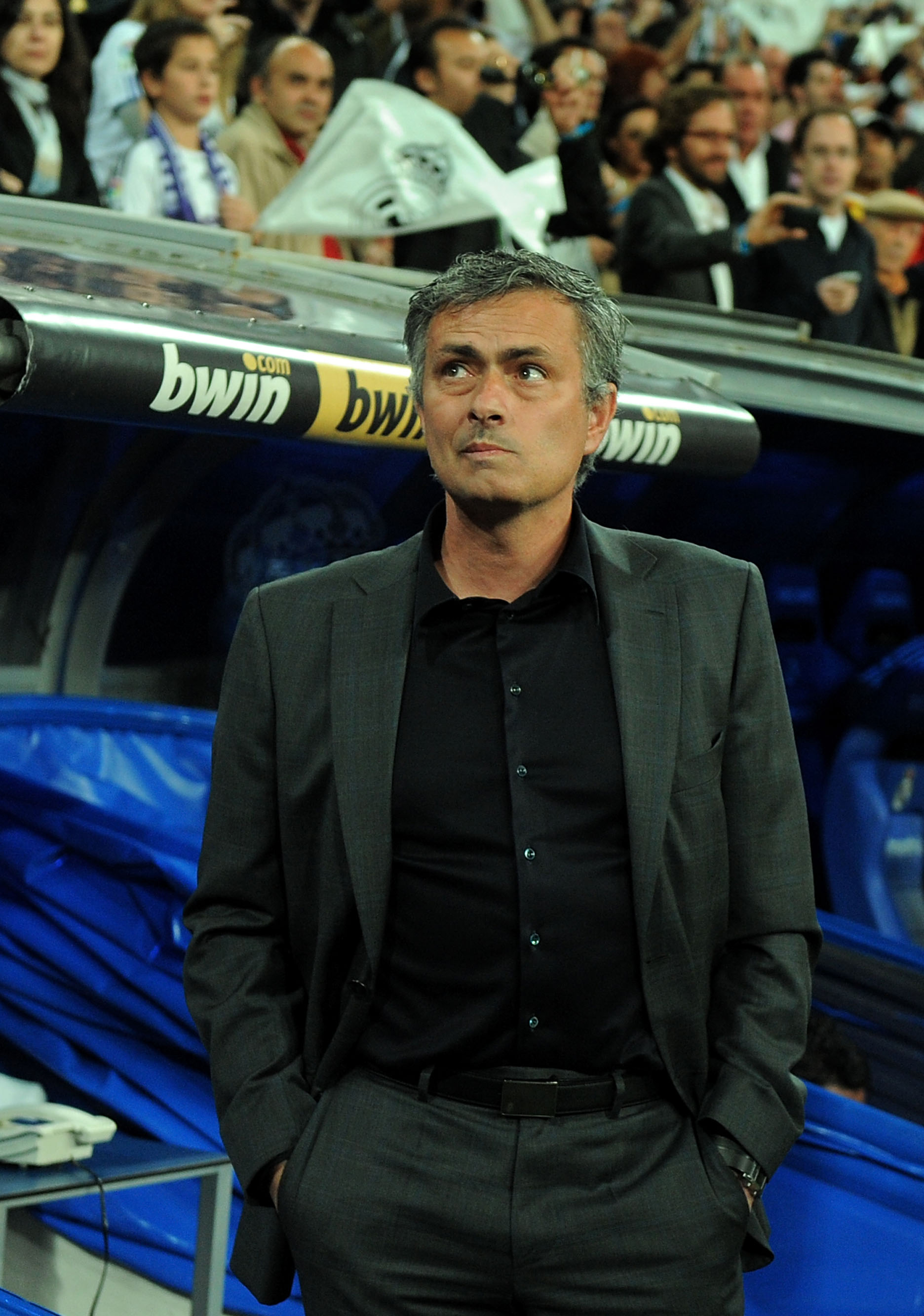 MADRID, SPAIN - APRIL 16: Head coach Jose Mourinho of Real Madrid waits for the start of the La Liga match between Real Madrid and Barcelona at Estadio Santiago Bernabeu on April 16, 2011 in Madrid, Spain.  (Photo by Denis Doyle/Getty Images)