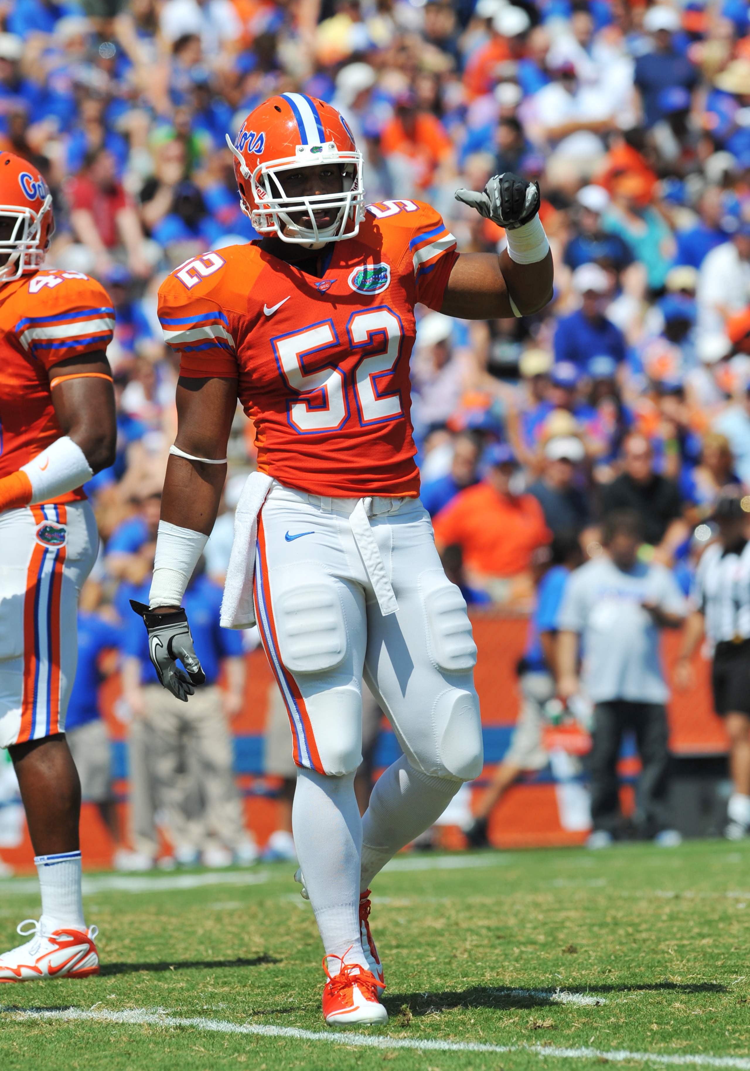 GAINESVILLE, FL - APRIL 9:  Linebacker Jonathan Bostic #52 of the Florida Gators sets for play during the Orange and Blue spring football game April 9, 2011 at Ben Hill Griffin Stadium in Gainesville, Florida.  (Photo by Al Messerschmidt/Getty Images)