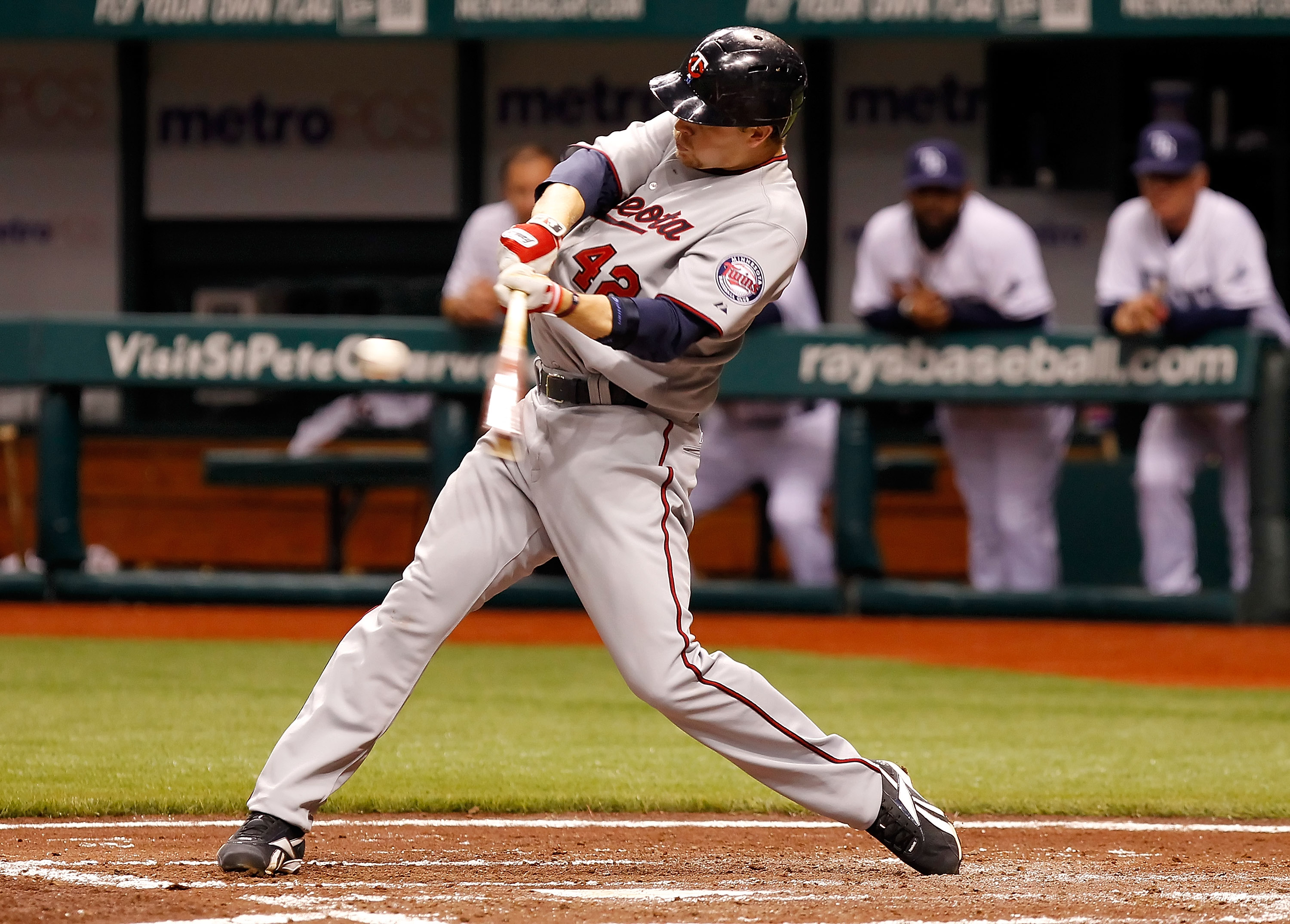 ST. PETERSBURG, FL - APRIL 15:  First baseman Justin Morneau #33 of the Minnesota Twins bats against the Tampa Bay Rays during the game at Tropicana Field on April 15, 2011 in St. Petersburg, Florida.  (Photo by J. Meric/Getty Images)