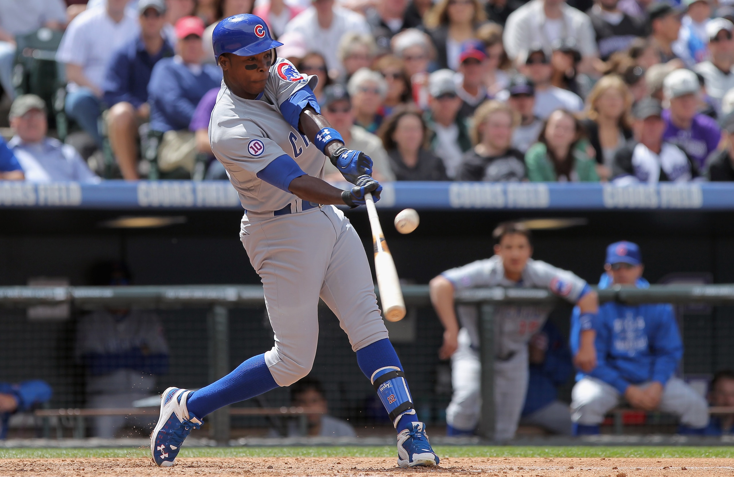 DENVER, CO - APRIL 17:  Alfonso Soriano #12 of the Chicago Cubs takes an at bat against the Colorado Rockies at Coors Field on April 17, 2011 in Denver, Colorado.  (Photo by Doug Pensinger/Getty Images)
