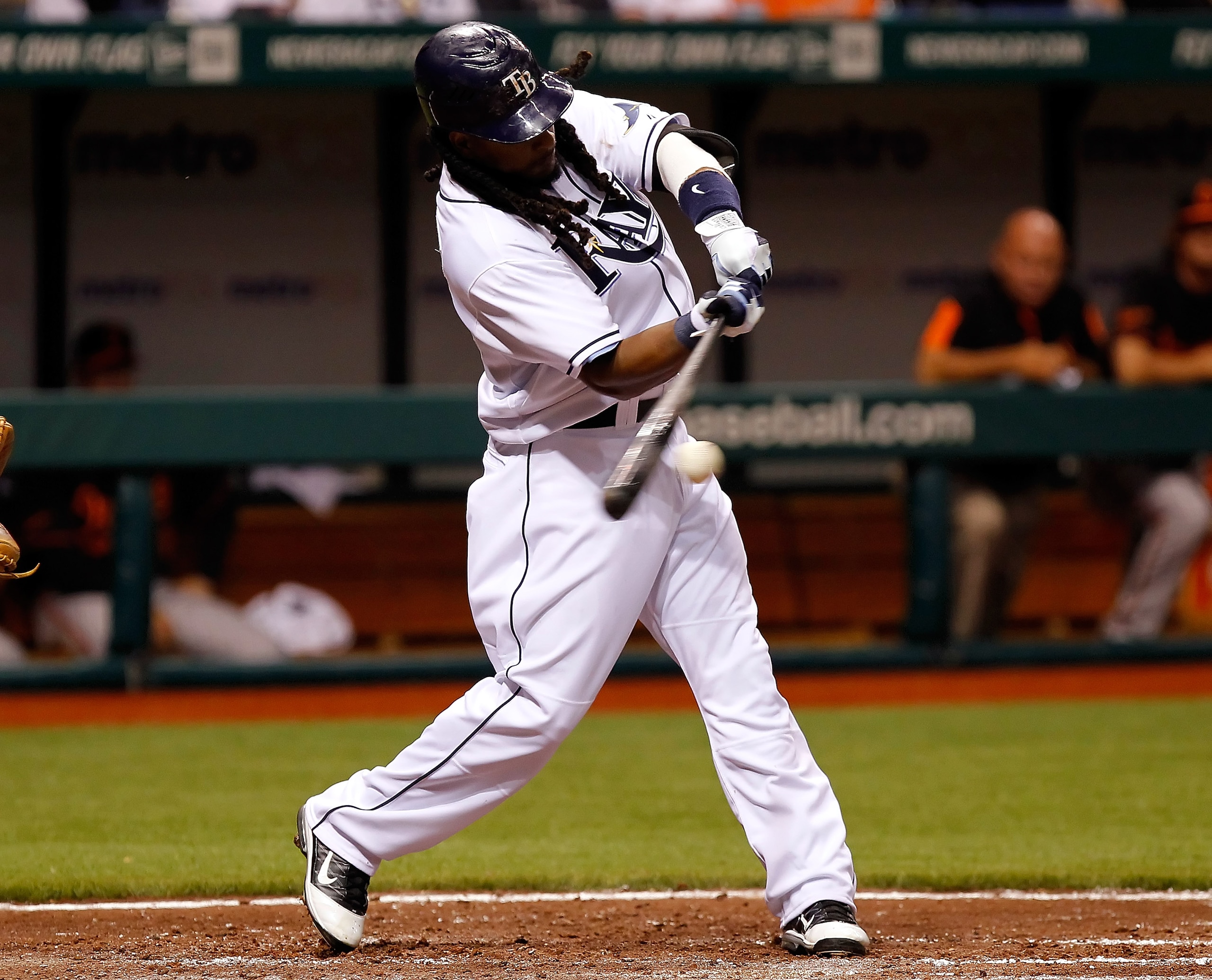 ST. PETERSBURG, FL - APRIL 01:  Designated hitter Manny Ramirez #24 of the Tampa Bay Rays fouls off a pitch against the Baltimore Orioles during the Opening Day game at Tropicana Field on April 1, 2011 in St. Petersburg, Florida.  (Photo by J. Meric/Getty