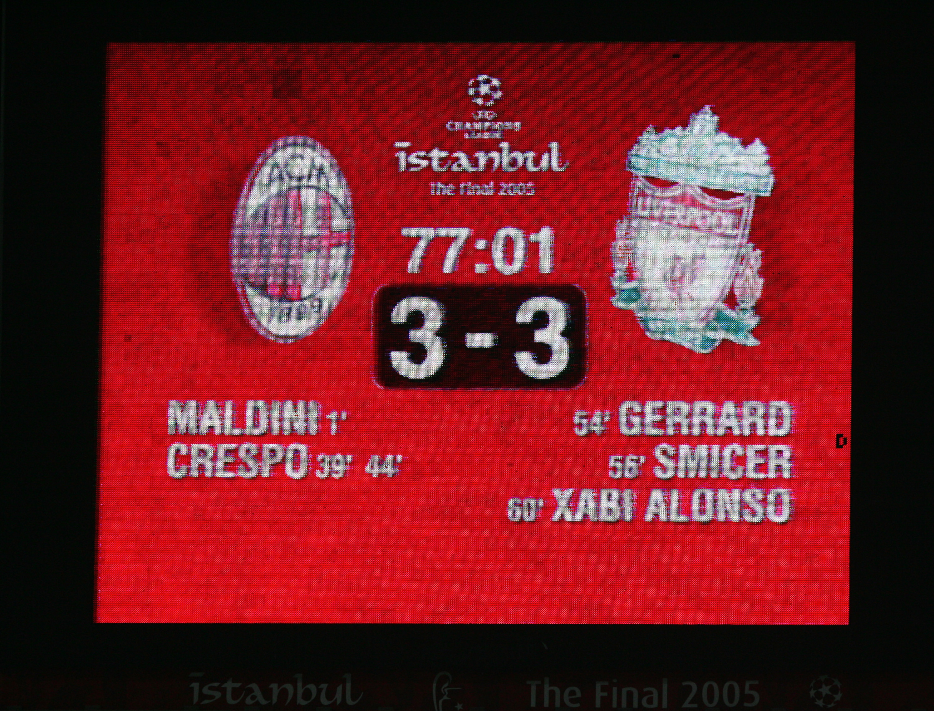 ISTANBUL, TURKEY - MAY 25:  The electronic scoreboard indicates Liverpool's amazing comeback during the European Champions League final between Liverpool and AC Milan on May 25, 2005 at the Ataturk Olympic Stadium in Istanbul, Turkey.   (Photo by Clive Br