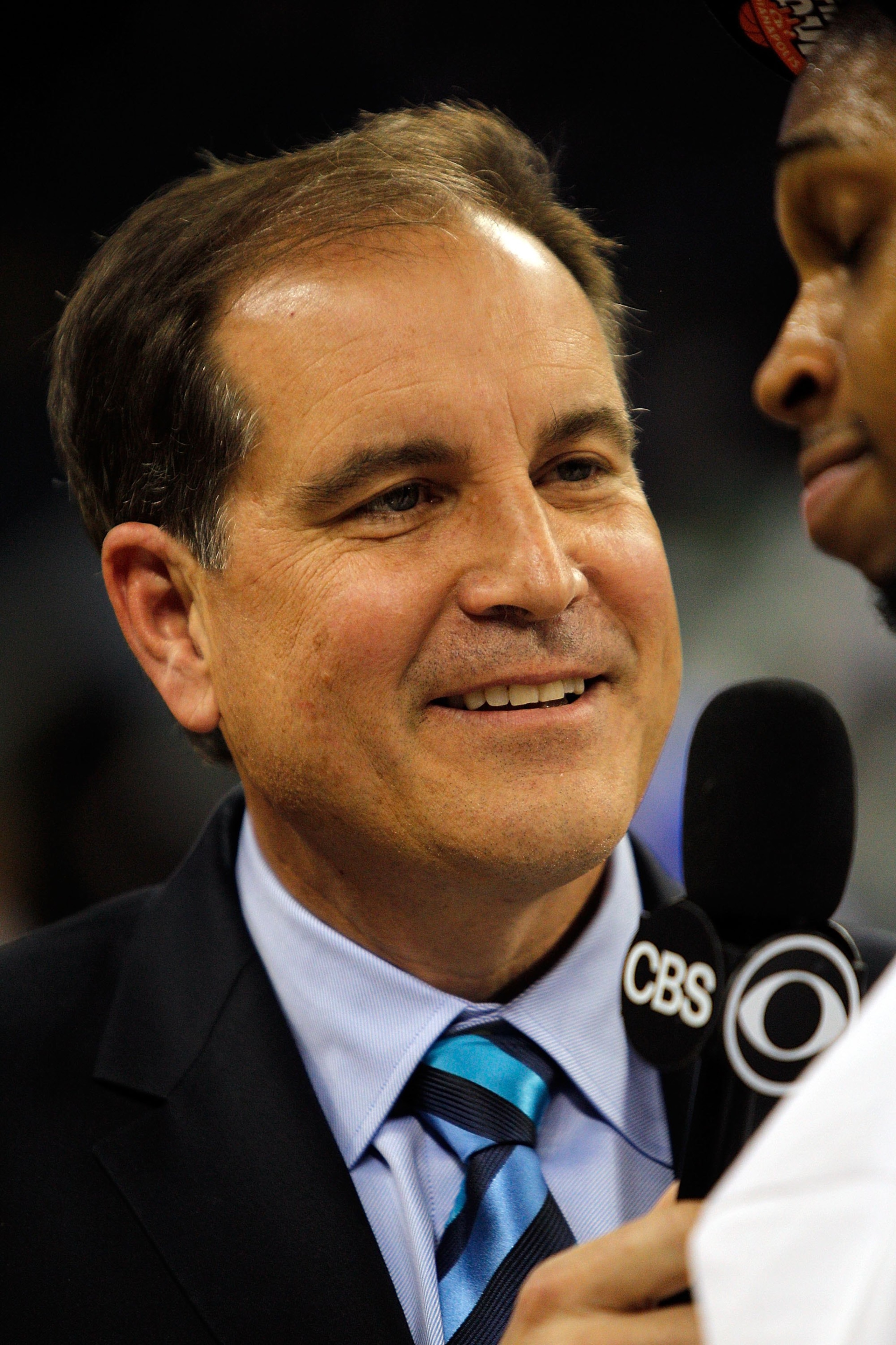 HOUSTON - MARCH 28: Broadcaster Jim Nantz of CBS television interviews Lance Thomas #42 of the Duke Blue Devils following a win over the Baylor Bears during the south regional final of the 2010 NCAA men's basketball tournament at Reliant Stadium on March HOUSTON - MARCH 28: Broadcaster Jim Nantz of CBS television interviews Lance Thomas #42 of the Duke Blue Devils following a win over the Baylor Bears during the south regional final of the 2010 NCAA men's basketball tournament at Reliant Stadium on March