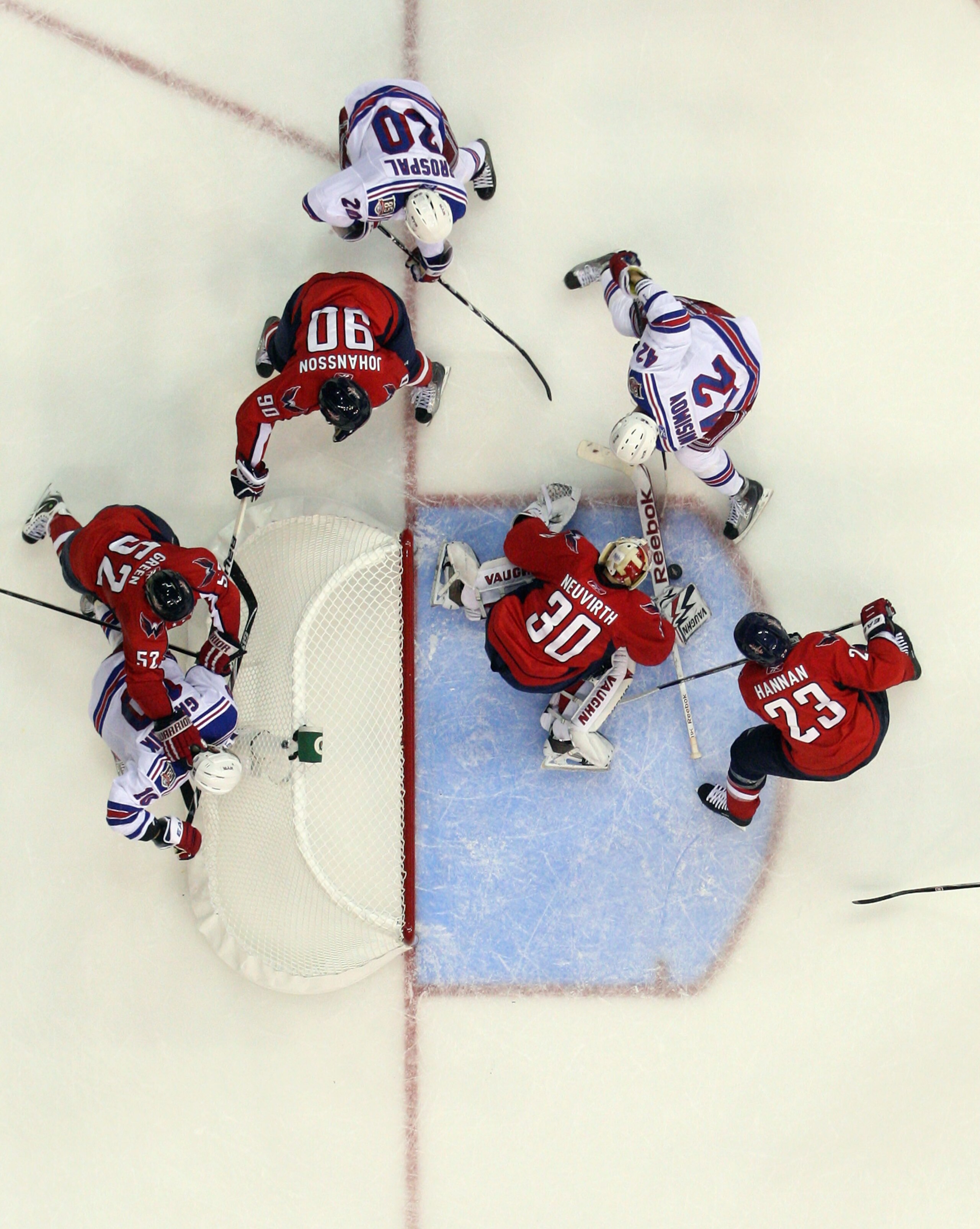 WASHINGTON, DC - APRIL 13: Artem Anisimov #42 of the New York Rangers is stopped by Henrik Lundqvist #30 of the New York Rangers in Game One of the Eastern Conference Quarterfinals during the 2011 NHL Stanley Cup Playoffs at Verizon Center on April 13, 20