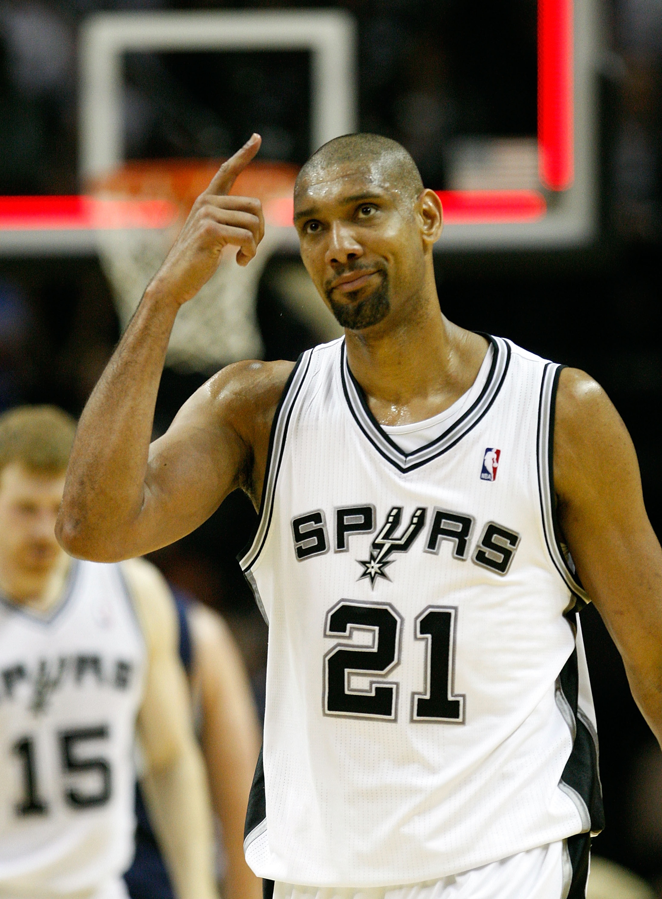 SAN ANTONIO, TX - APRIL 17: Forward Tim Duncan #21 of the San Antonio Spurs reacts against the Memphis Grizzlies in Game One of the Western Conference Quarterfinals in the 2011 NBA Playoffs on April 17, 2011 at AT&T Center in San Antonio, Texas. NOTE TO SAN ANTONIO, TX - APRIL 17: Forward Tim Duncan #21 of the San Antonio Spurs reacts against the Memphis Grizzlies in Game One of the Western Conference Quarterfinals in the 2011 NBA Playoffs on April 17, 2011 at AT&T Center in San Antonio, Texas. NOTE TO