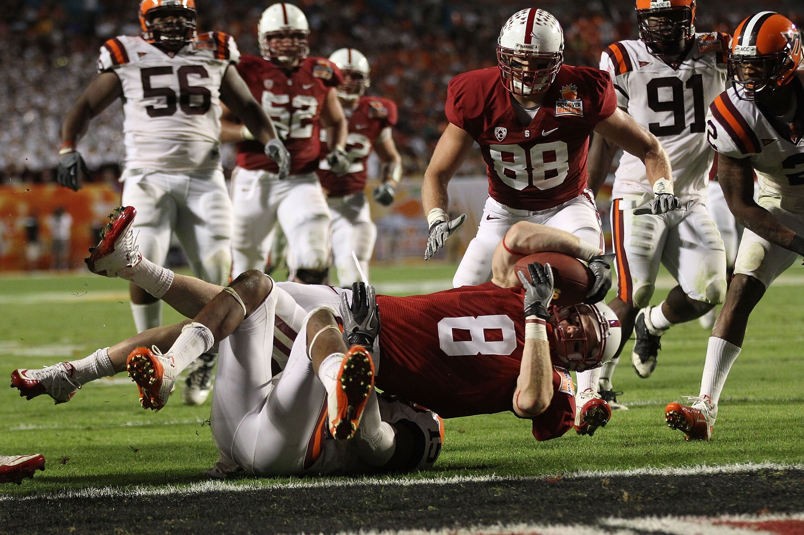 MIAMI, FL - JANUARY 03: Ryan Whalen #8 of the Stanford Cardinal is stopped short of the goal line on an 18-yard reception in the third quarter against the Virginia Tech Hokies during the 2011 Discover Orange Bowl at Sun Life Stadium on January 3, 2011 in