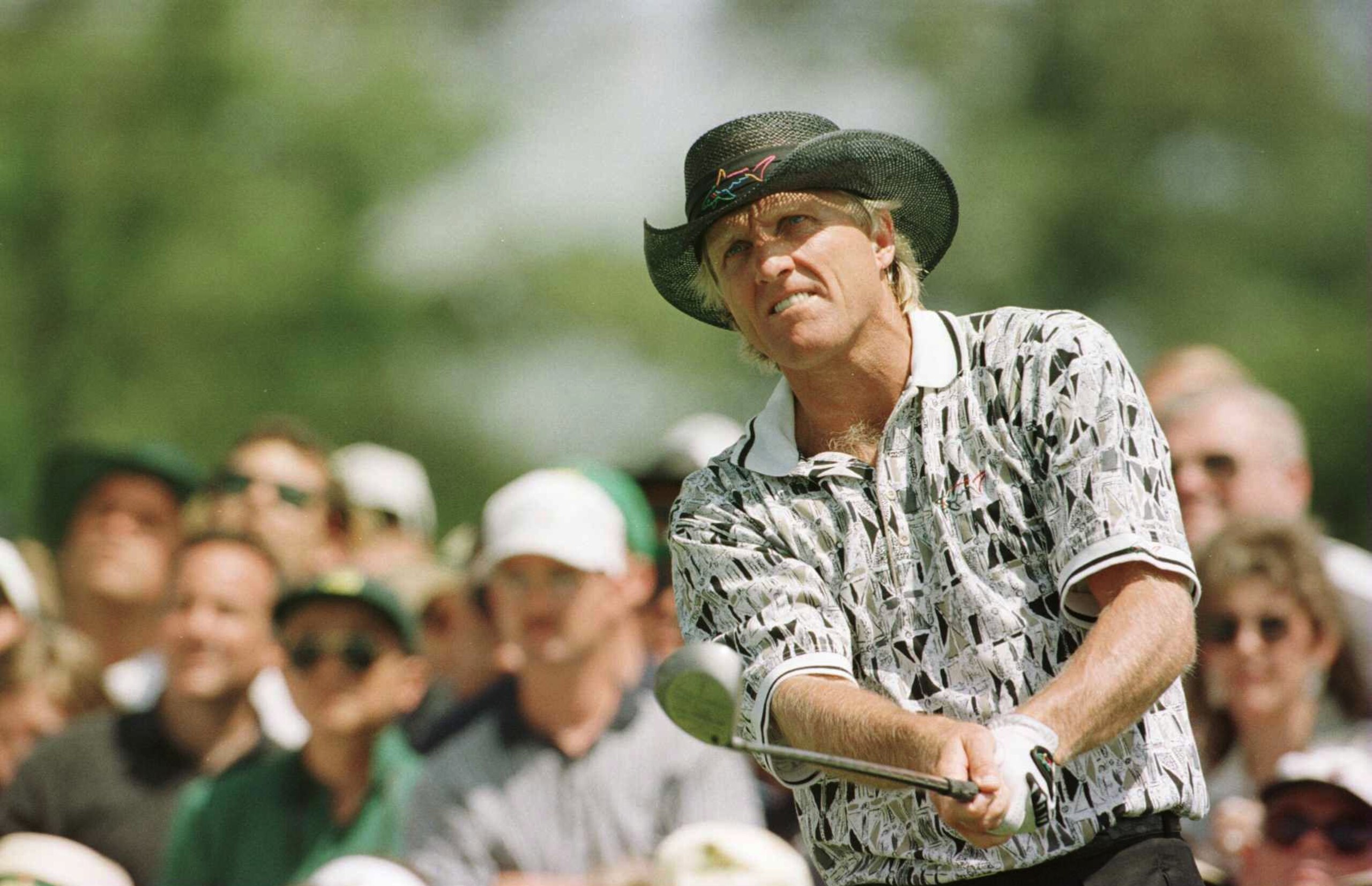 14 Apr 1996: Greg Norman of Australia tees off to start his final round during the final round of the 1996 Masters at Augusta National Golf Club in Augusta, Georgia. Mandatory Credit: David Cannon/Allsport 14 Apr 1996: Greg Norman of Australia tees off to start his final round during the final round of the 1996 Masters at Augusta National Golf Club in Augusta, Georgia. Mandatory Credit: David Cannon/Allsport
